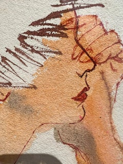 Glamorous Palm Beach Portrait with Sun Hat  - Mid Century Female Illustrator