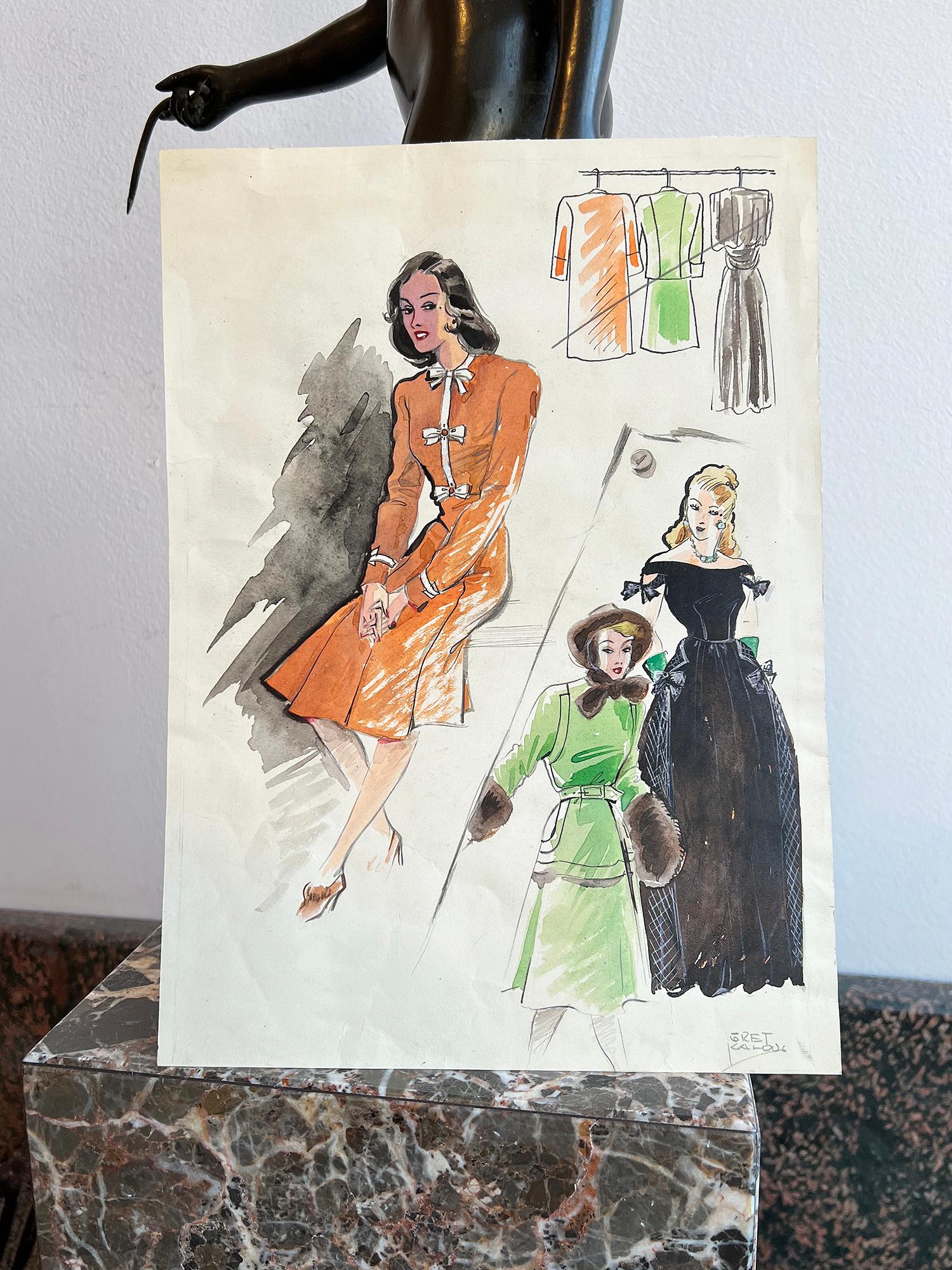 Mid-Century fashion watercolors by accomplished Austrian Female Illustrator.  Fashion Gret Kalous-Scheffer (1892 Vienna - 1975 Vienna) was a daughter of the renowned Austrian painter and owner of an art school in Vienna, Robert Scheffer. She studied