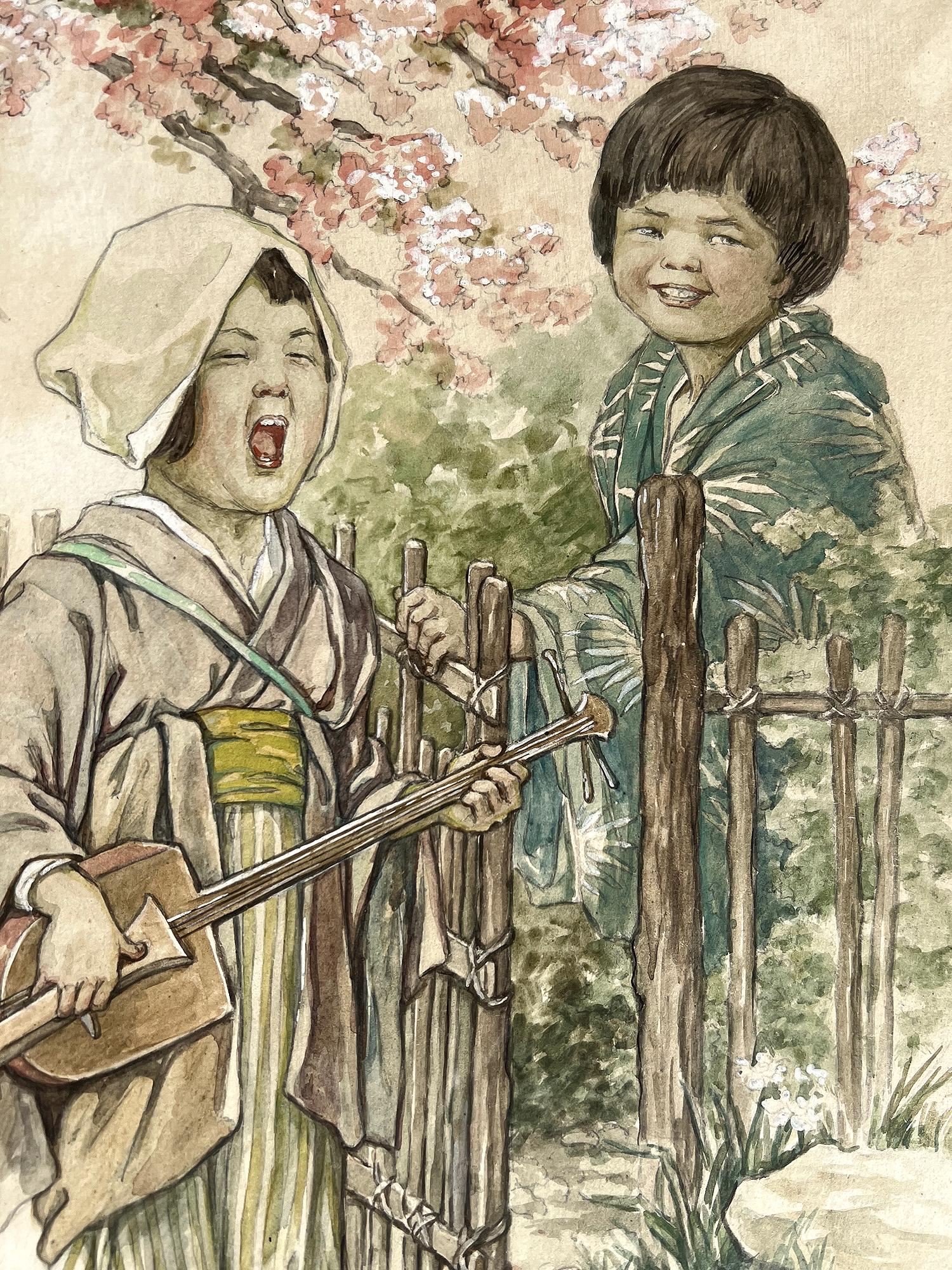 Japanische Kinder in traditionellem Kleid  spielende Shamisen – Künstlerin als Frau (Beige), Portrait, von Clara Miller Burd