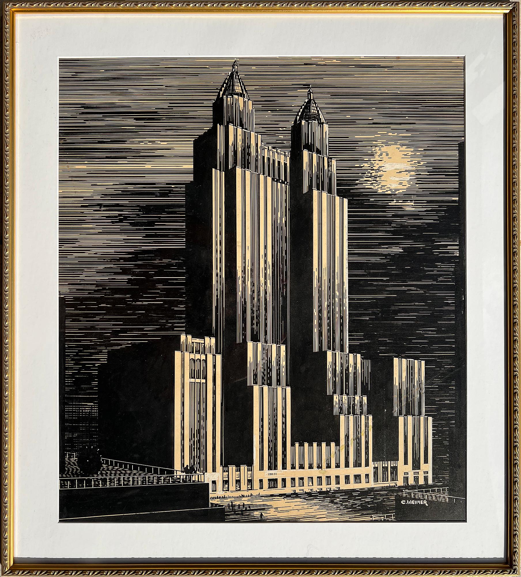 Waldorf Astoria Art Deco Illustration  - Painting by Charles Perry Weimer