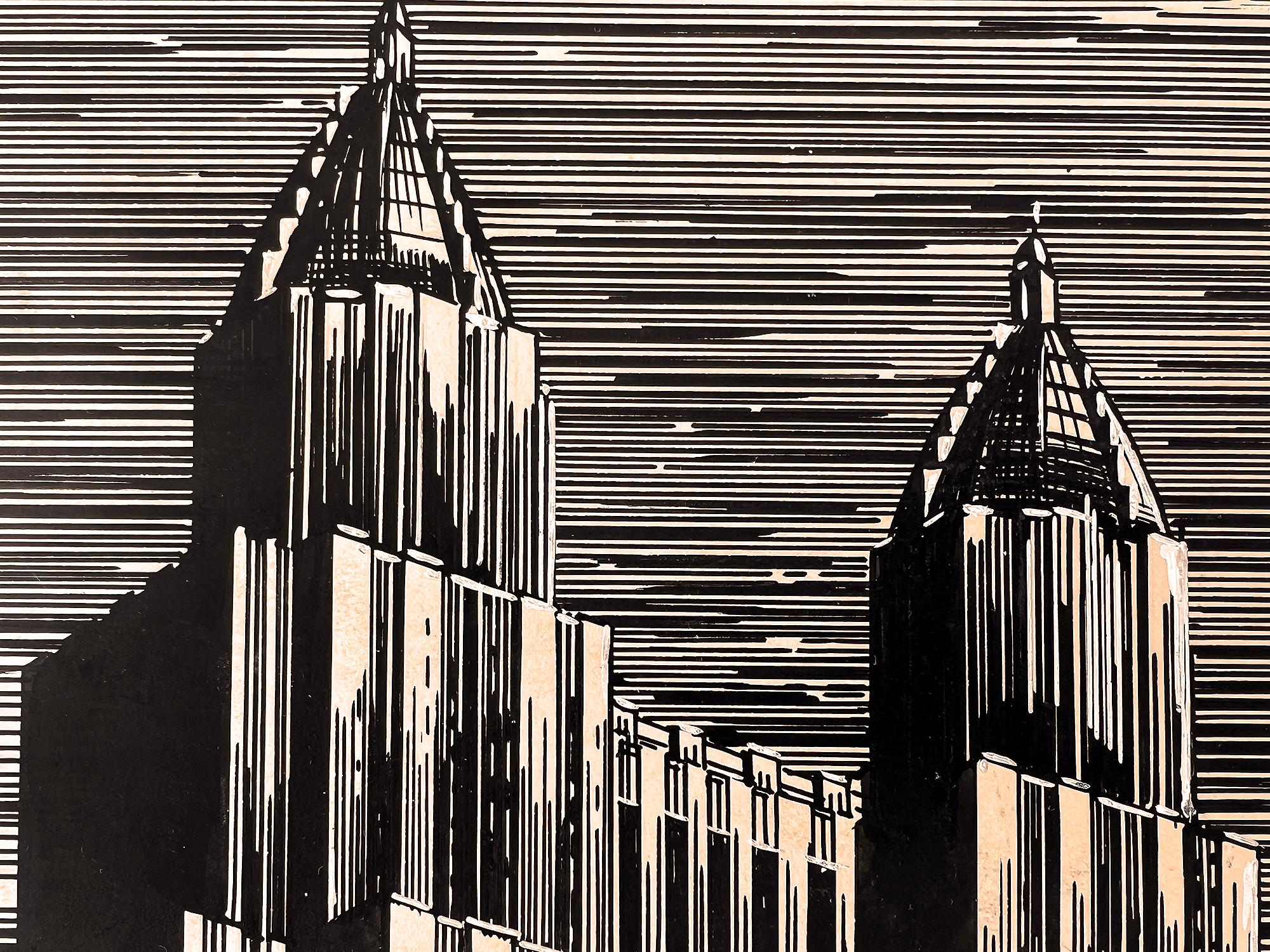 Der Künstler Charles Perry Weimer setzt dünne schwarze horizontale Linien ein, die sich mit dünnen schwarzen vertikalen Linien kreuzen. Das Ergebnis ist ein Triumph des Designs, bei dem sich das hoch stilisierte, pulsierende Bild des neuen Waldorf