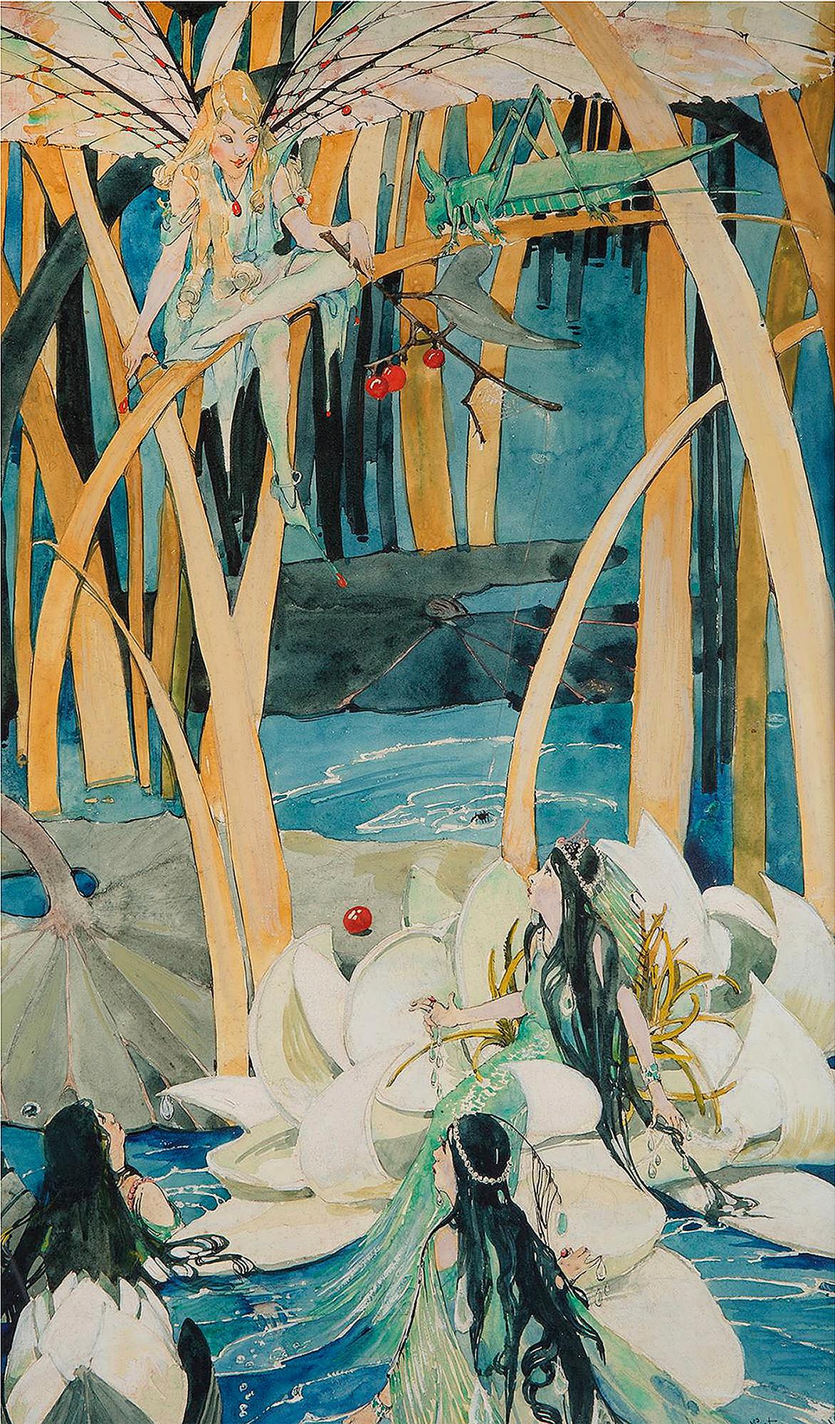 Fairies among the Lily Pads – weibliche Illustratorin  Fantasie – Art von May Audubon Post