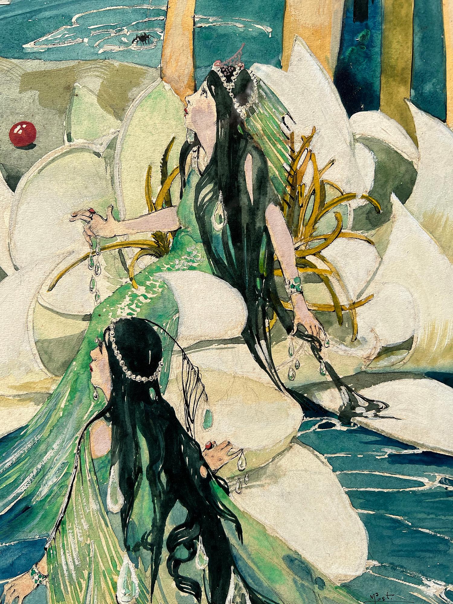A turn-of-the-century fantasy illustration by female illustrator May Audubon Post features a charming fairy with expanded wings resting on Lilly stems. With a makeshift fishing pole and a spider as bait, she waits for a bite. To her immediate right,