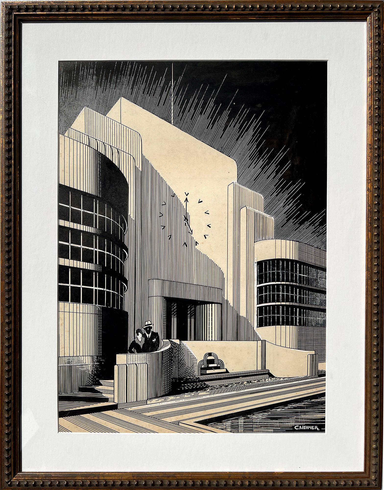 Der Art-Déco-Illustrator Charles Perry Weimer schafft eine  kraftvolle grafische Darstellung eines Paares aus den 1930er Jahren vor einem klassischen Art-Déco-Gebäude mit Zifferblatt.  Diese Arbeit ist vor allem in der heutigen Kunstwelt von