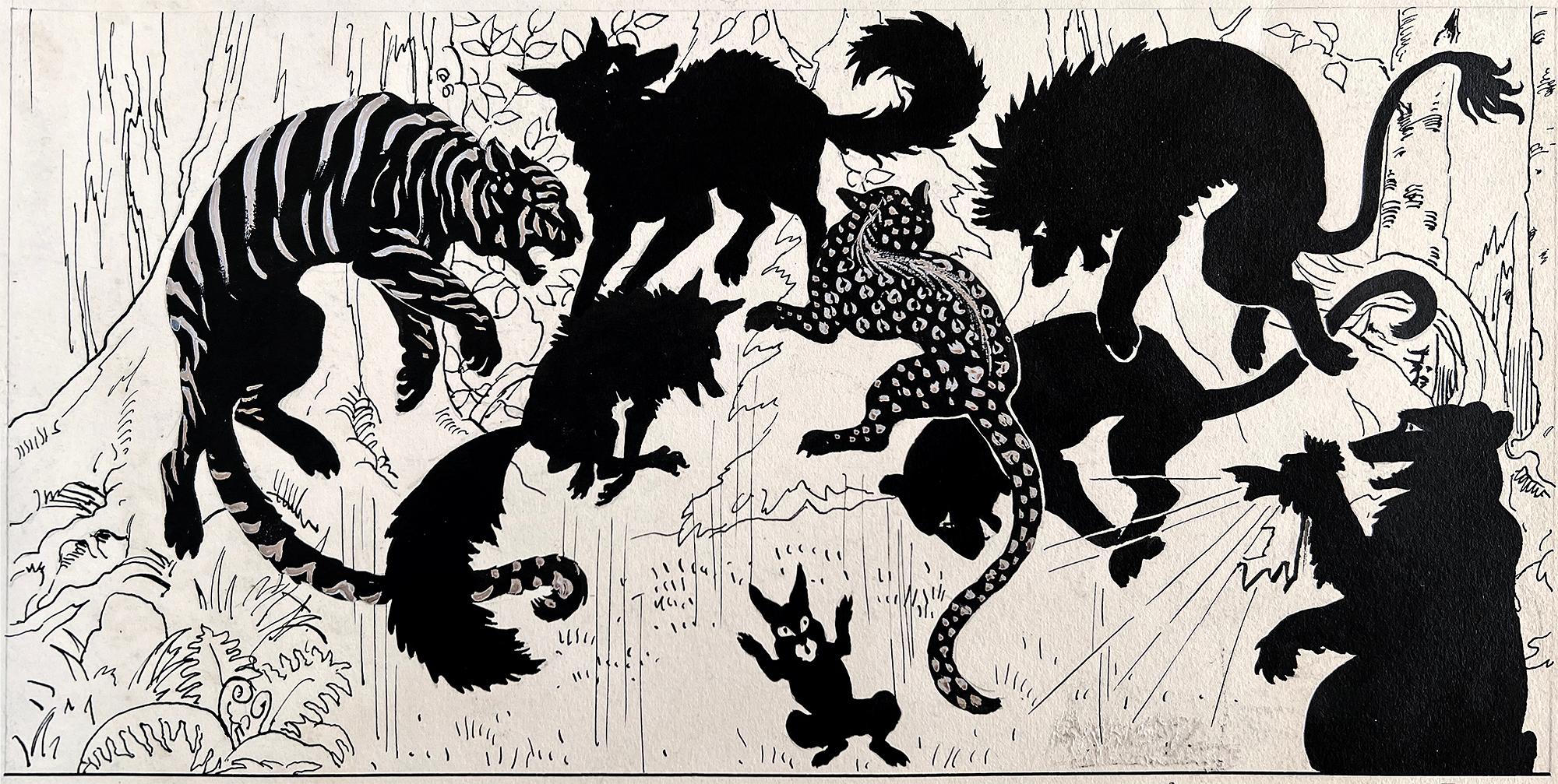 Die Pionierin und Illustratorin Margery Stocking Hart zeichnet eine Geschichte mit Feder und Tinte, die einen runden Tisch von Raubtieren zeigt, die ein verletzliches Kaninchen umzingeln.   Auf der zweiten Tafel stürzen die Räuber, und das Kaninchen