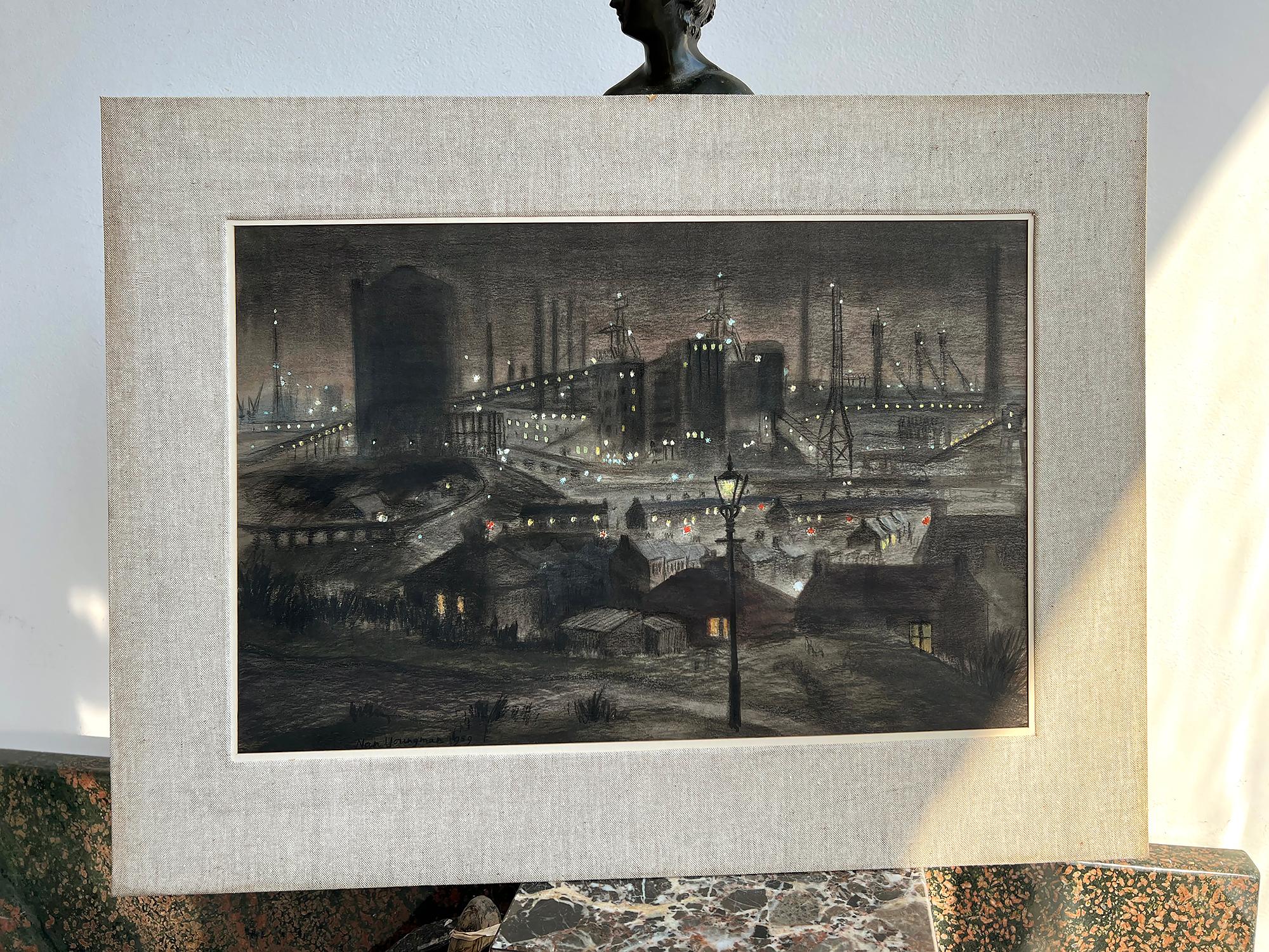 Industrial Steel Plant at Night Port Talbot - Mid-Century  - like L. S. Lowry - Painting by Nan Youngman