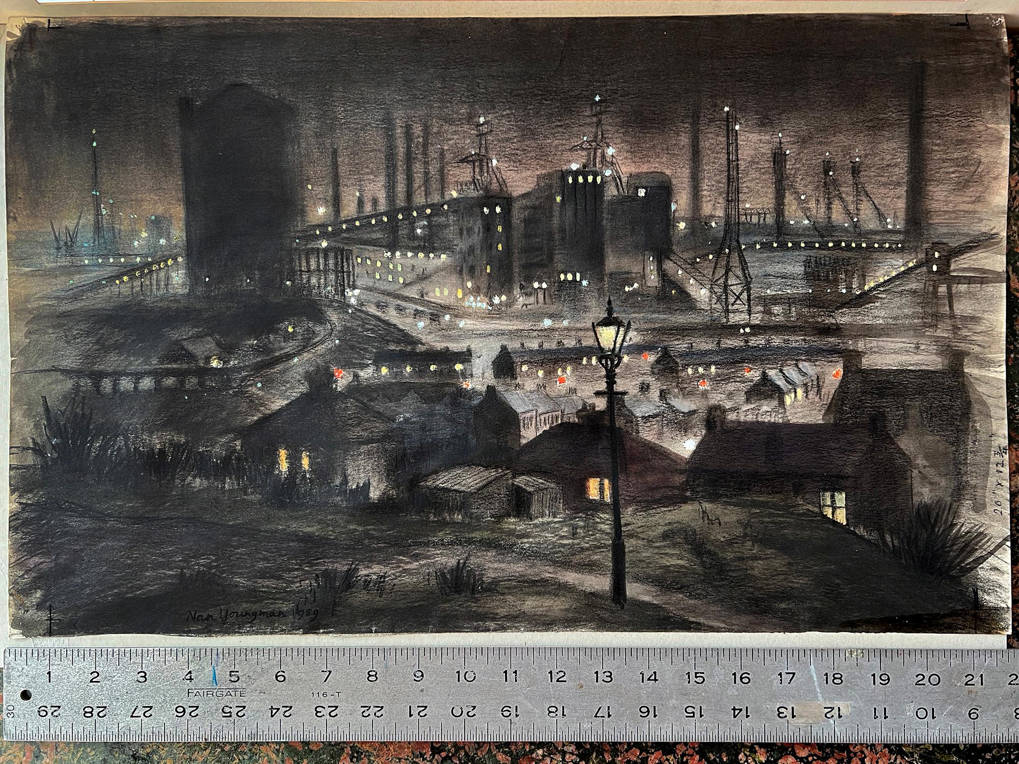 A moody night scene of Great Britain's largest and polluted steel plant in Port Talbot, Wales.  L. S. Lowry is the best known artist of Britain's industrial scenes of the 20th century but there were others which include this somber work by  female