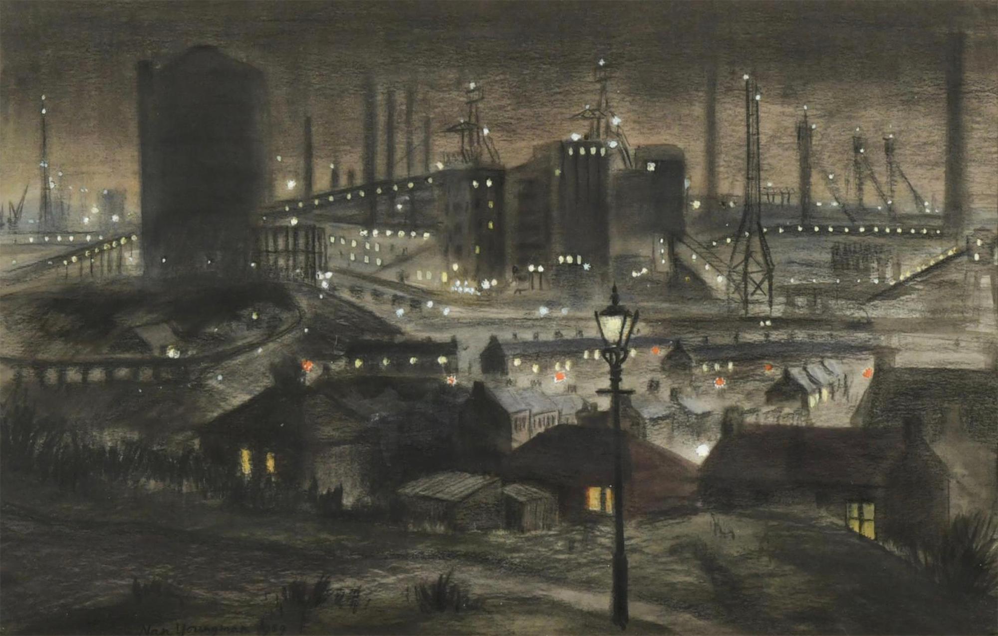 Nan Youngman Landscape Painting - Industrial Steel Plant at Night Port Talbot - Mid-Century  - like L. S. Lowry