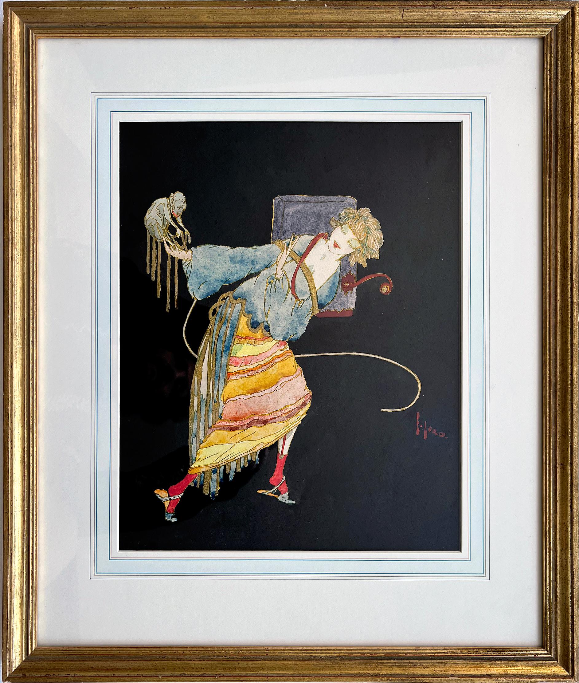 Sorgfältig wiedergegebene Art-Deco-Illustration einer stilisierten Frau (vielleicht Asiatin), die ein Gespräch mit einem kleinen Affen auf ihrem ausgestreckten Arm führt.  Signiert unten rechts.   Elegant paspeliert und gerahmt. 
Elyse Ashe Lord