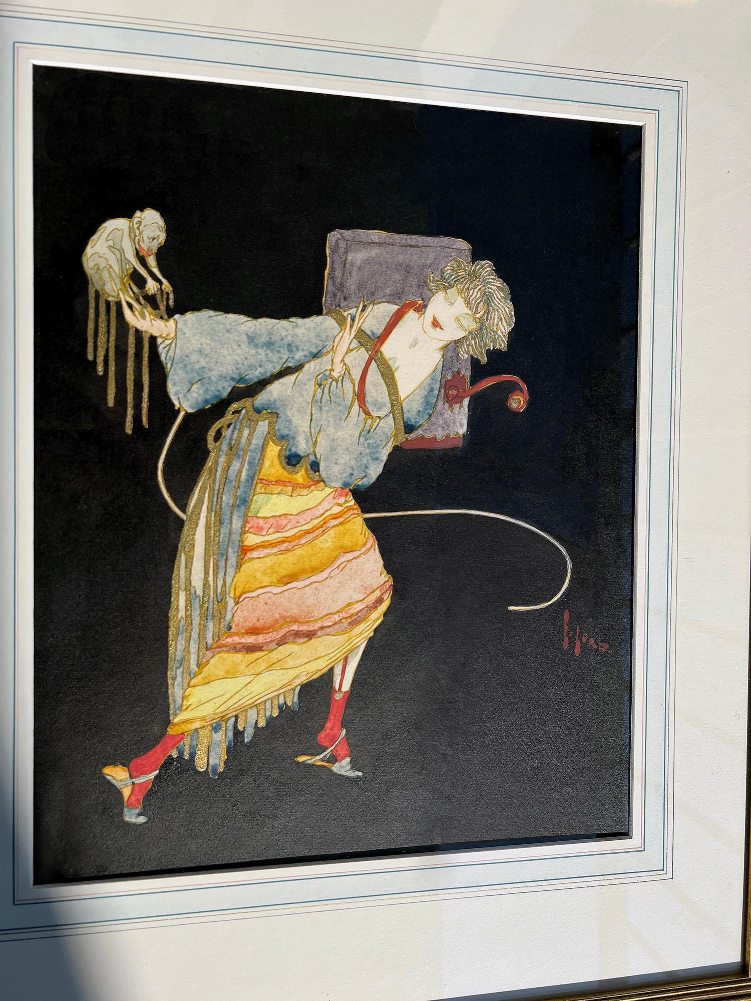  Art Deco Woman Holding Monkey - Female Illustrator For Sale 4
