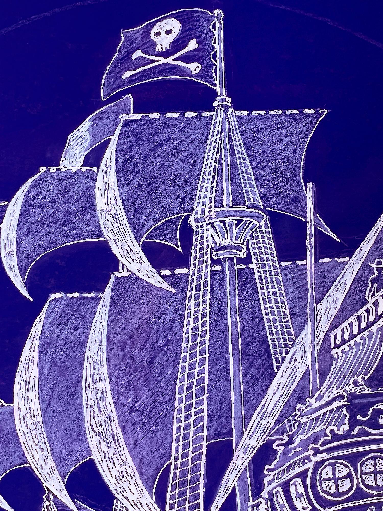 Piratenschiff  - Totenkopf und Kreuzknochen  Sieben Meeres-Illustration in Weiß und Blau  – Art von Jamie Wyeth