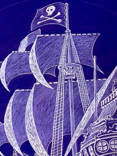 Pirate Ship  - Skull-and-Crossbones  Seven Seas Illustration in White and Blue