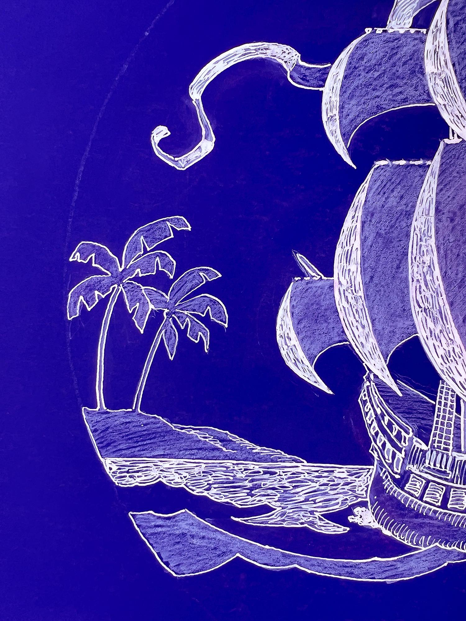 Piratenschiff  - Totenkopf und Kreuzknochen  Sieben Meeres-Illustration in Weiß und Blau  (Amerikanischer Realismus), Art, von Jamie Wyeth