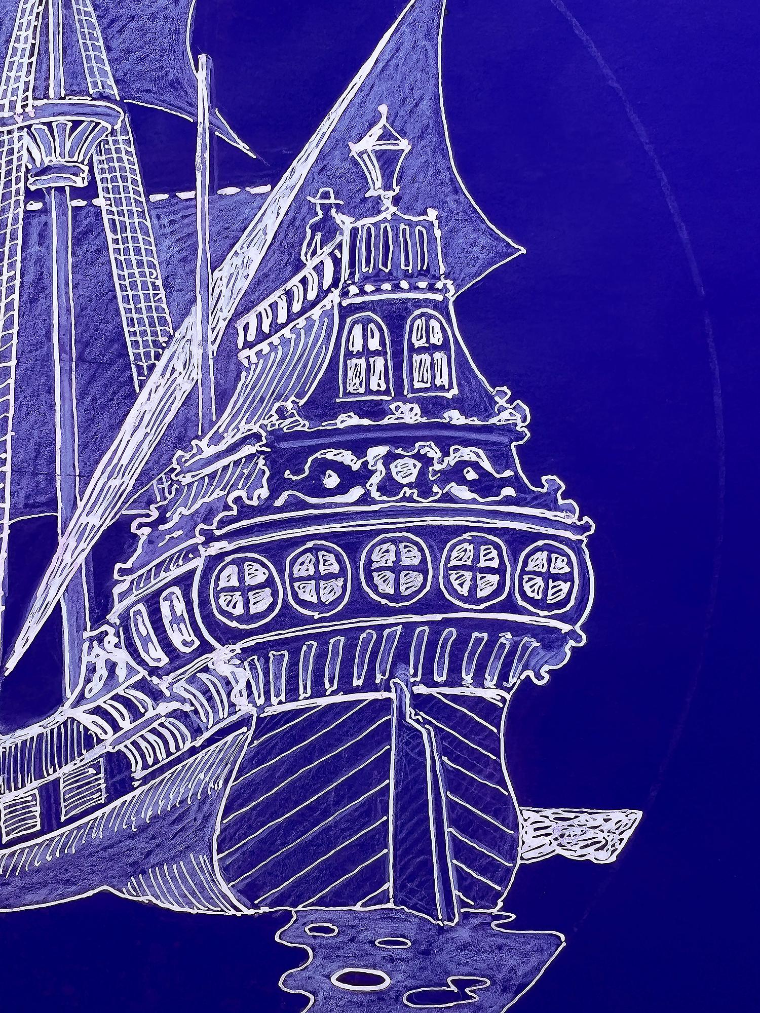 Die Totenkopfflagge weht auf dieser Illustration eines Piratenschiffs. Es wird von zwei Palmen flankiert und schwimmt in einem abgeschnittenen, stilisierten Meer. Eine einzelne Figur mit Hut schaut aus dem Bug heraus.  Jamie Wyeth wurde beauftragt,