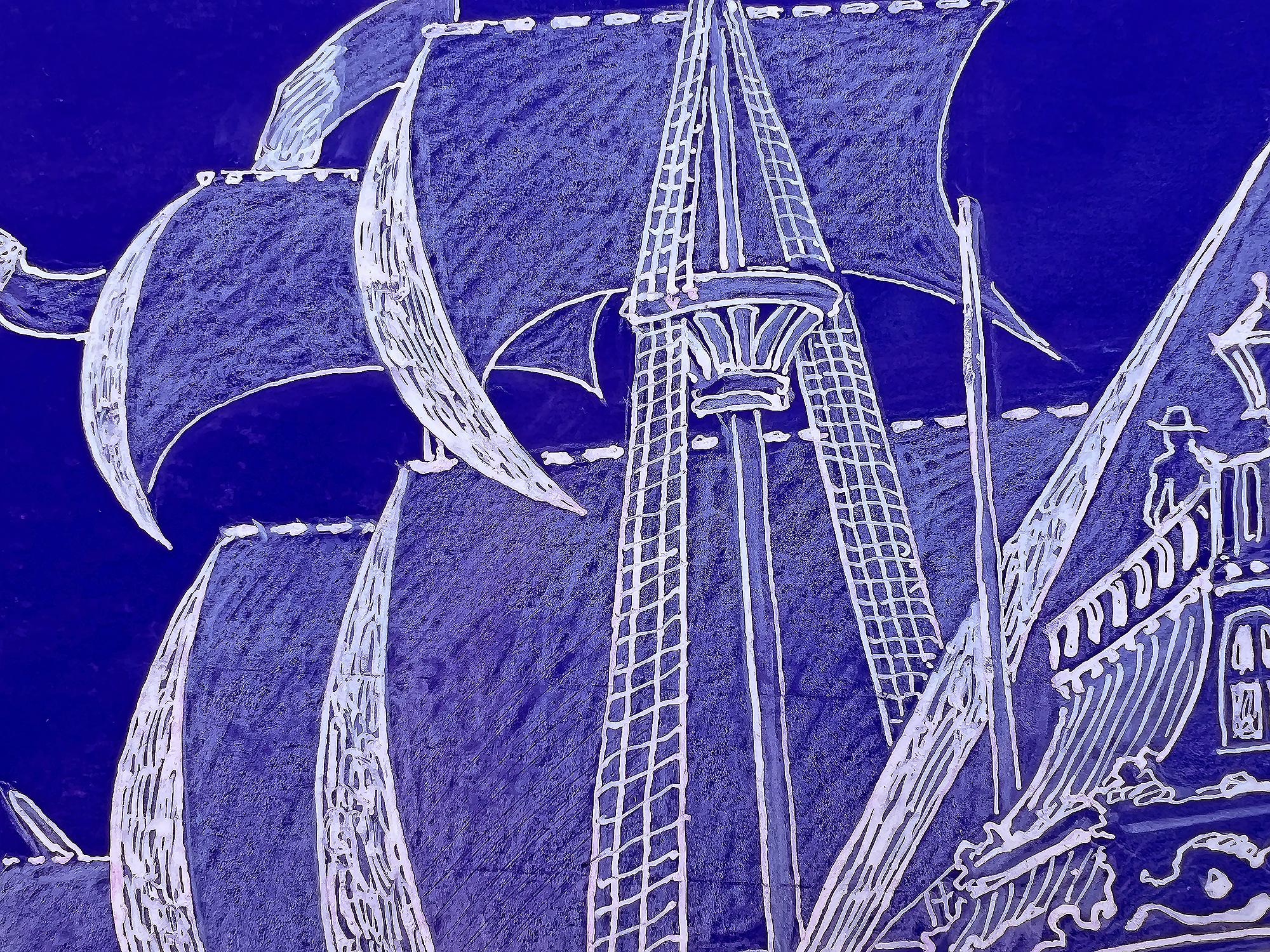 Bateau pirate  - Tête de mort  Illustration « Seven Seas » en blanc et bleu en vente 1