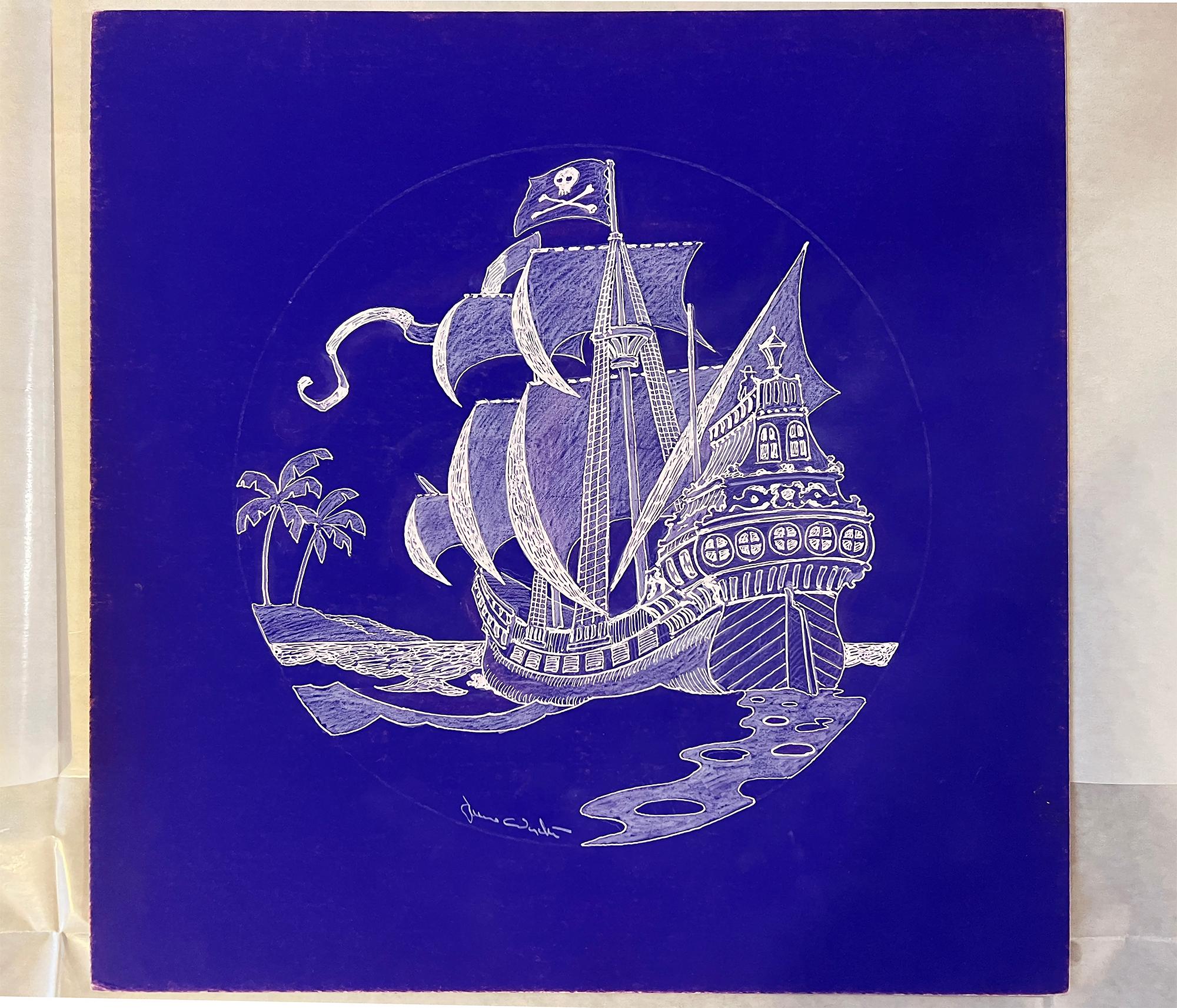 Piratenschiff  - Totenkopf und Kreuzknochen  Sieben Meeres-Illustration in Weiß und Blau  im Angebot 4
