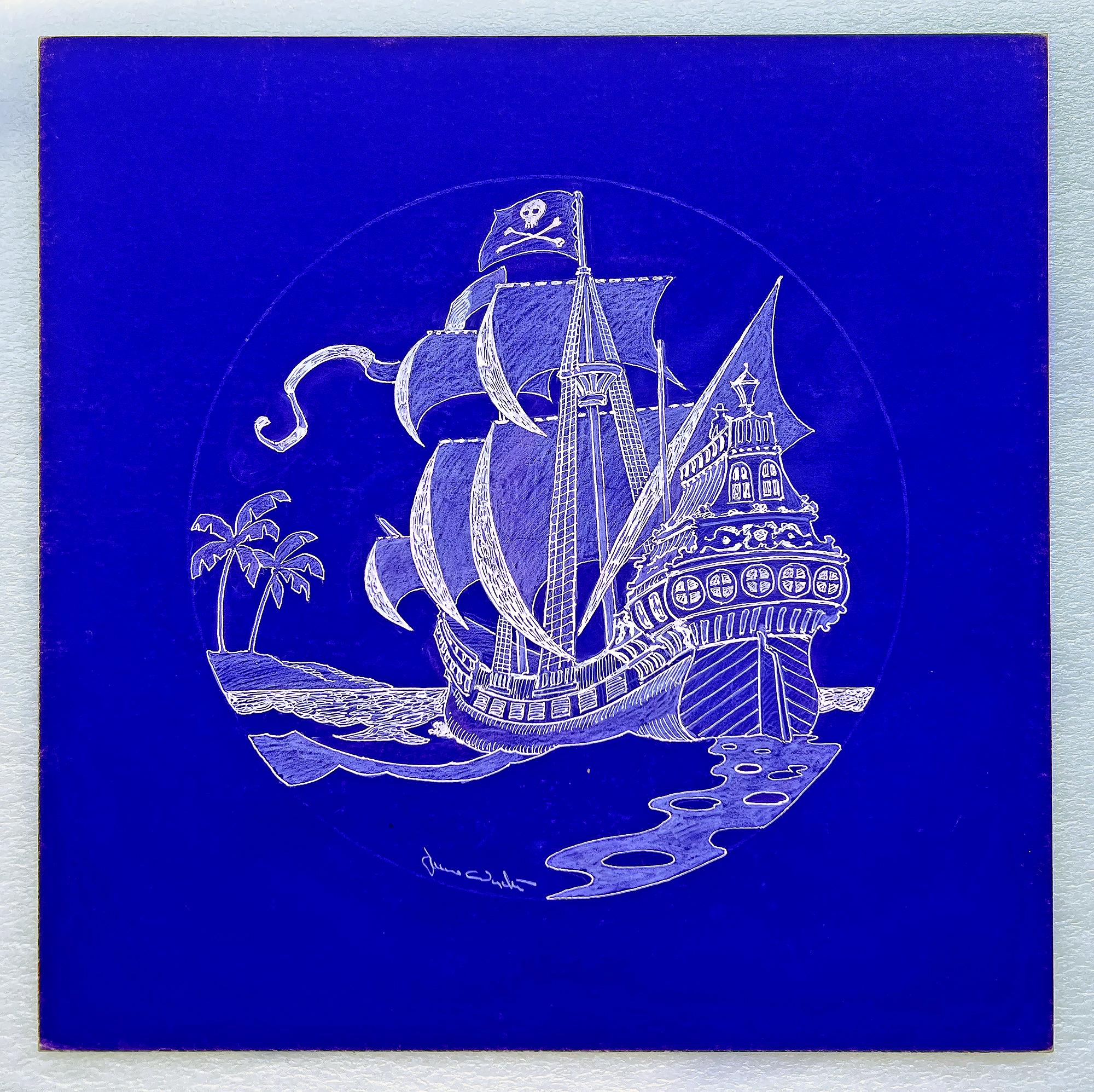 Piratenschiff  - Totenkopf und Kreuzknochen  Sieben Meeres-Illustration in Weiß und Blau  im Angebot 5