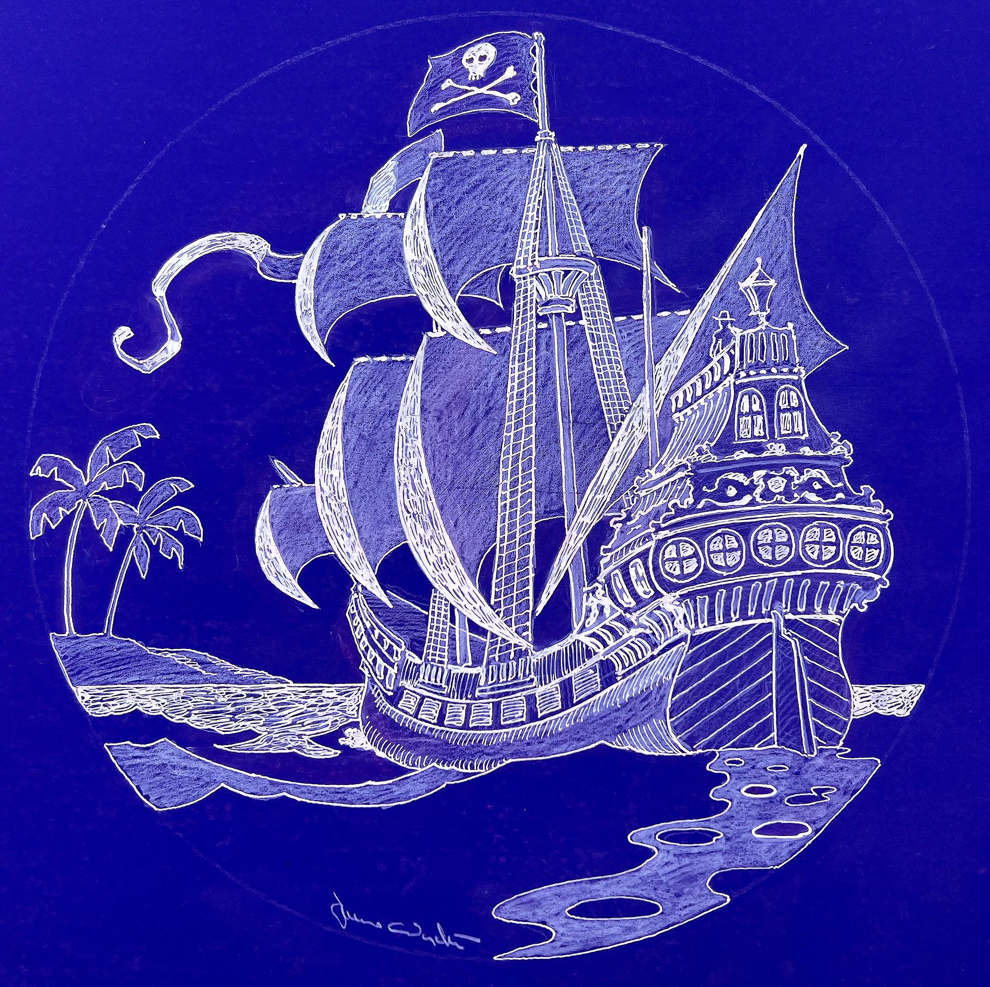 Jamie Wyeth Landscape Art – Piratenschiff  - Totenkopf und Kreuzknochen  Sieben Meeres-Illustration in Weiß und Blau 