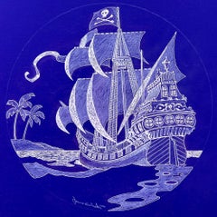Pirate Ship  - Skull-and-Crossbones  Seven Seas Illustration in White and Blue 