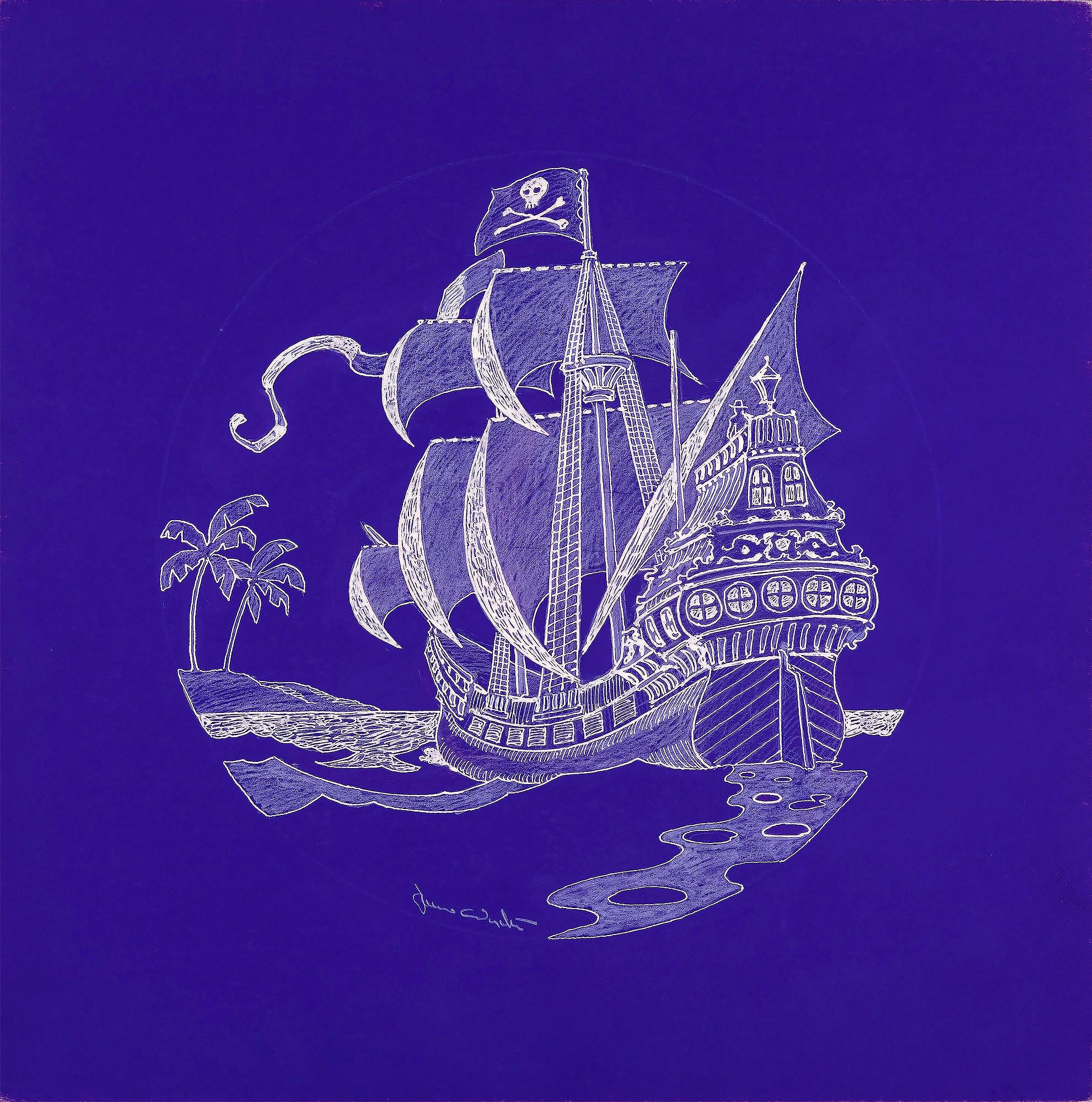Pirate Ship  - Skull-and-Crossbones  Seven Seas Illustration in White and Blue  For Sale 6