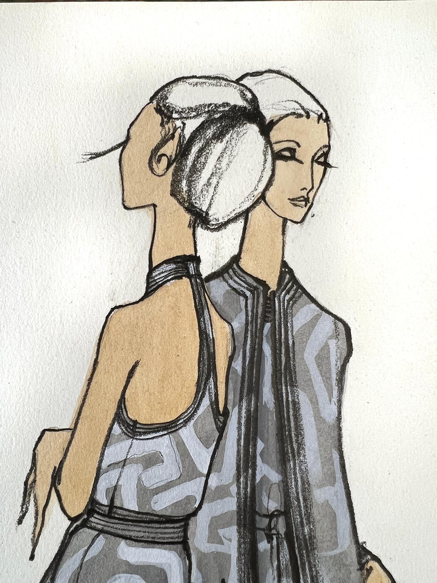 Fashion Illustration with Two Leggy Models in Monochromatic Greys - Art by Issey Miyake