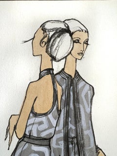 Fashion Illustration with Two Leggy Models in Monochromatic Greys