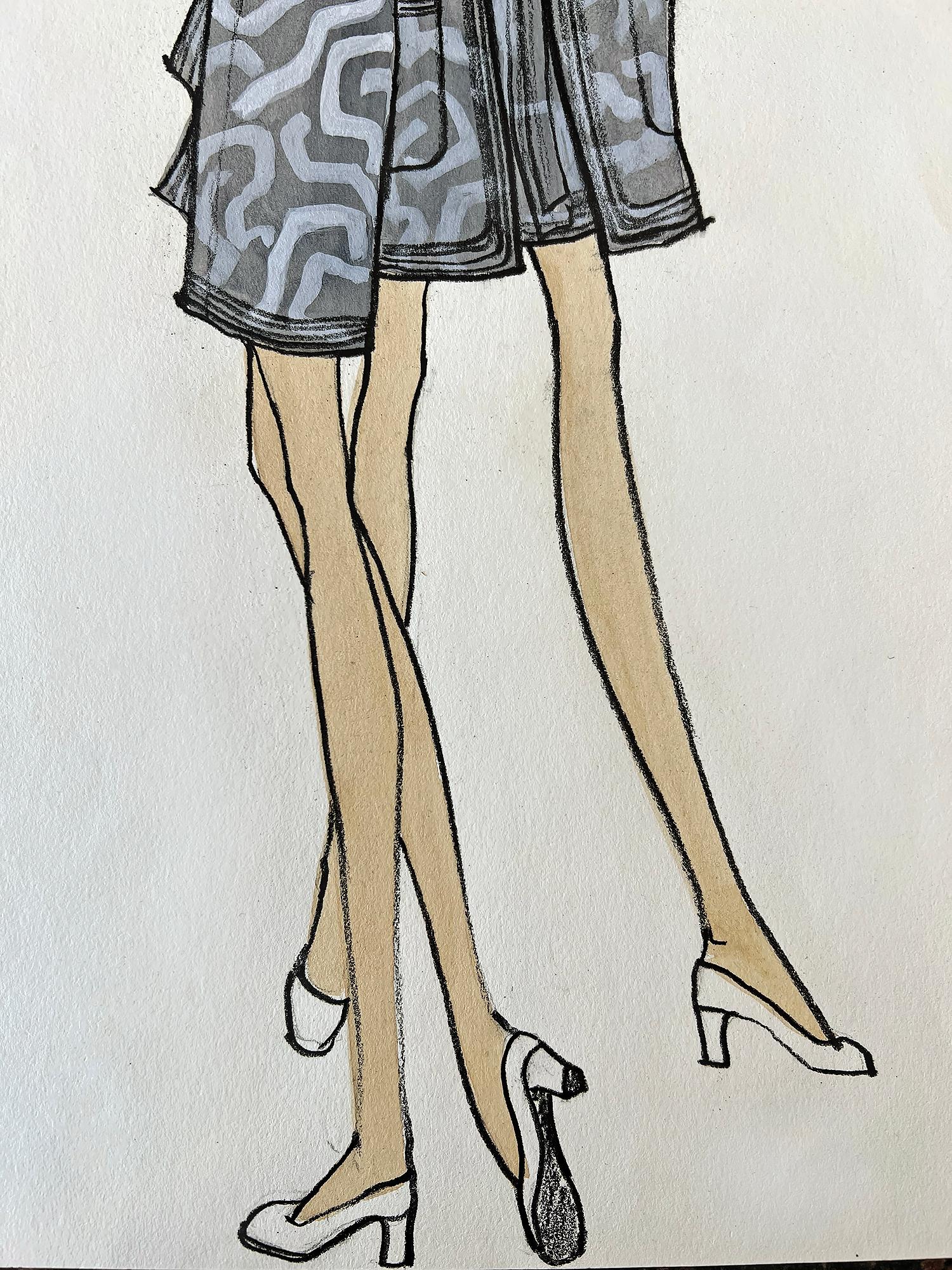Ilustración de moda con dos modelos de piernas largas en grises monocromáticos - Portrait Gris de Issey Miyake