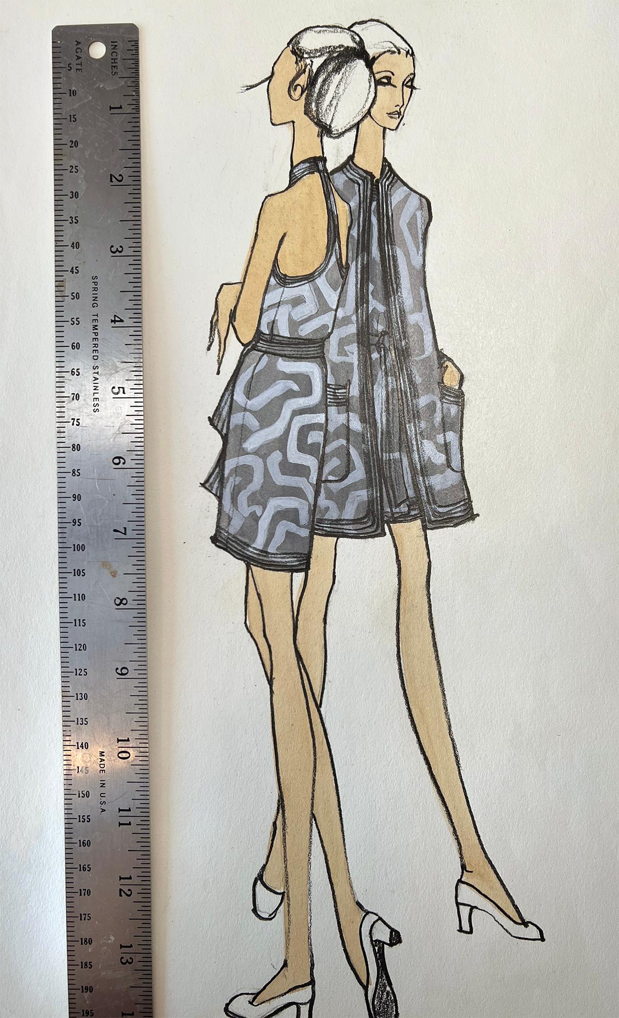 Fashion Illustration with Two Leggy Models in Monochromatic Greys For Sale 1