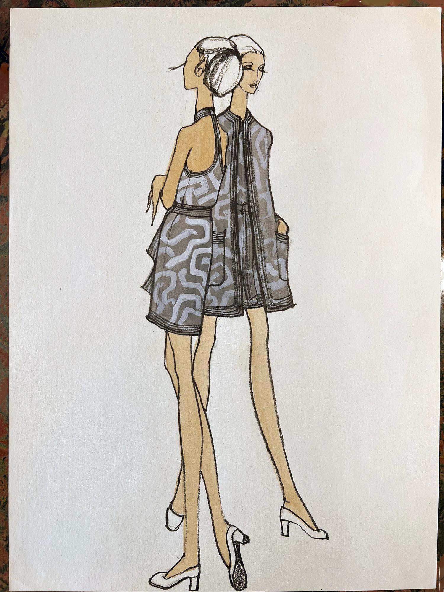 Fashion Illustration with Two Leggy Models in Monochromatic Greys For Sale 2