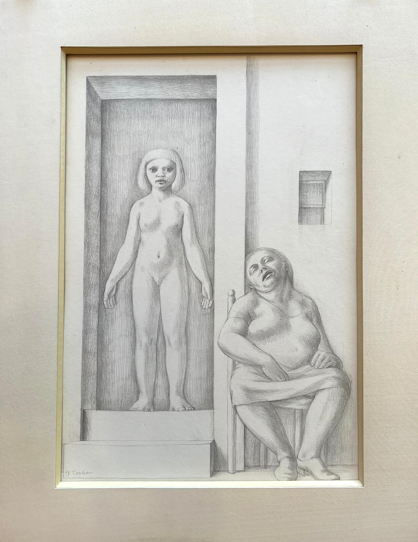 Two Women by George Tooker is a psychologically engaging portrait of contrasts. An untidy, older, overweight woman is seen slumped in a chair, asleep and lost in a dream. Her head tilts back, her skirt is pulled up, and her right hand nestles her