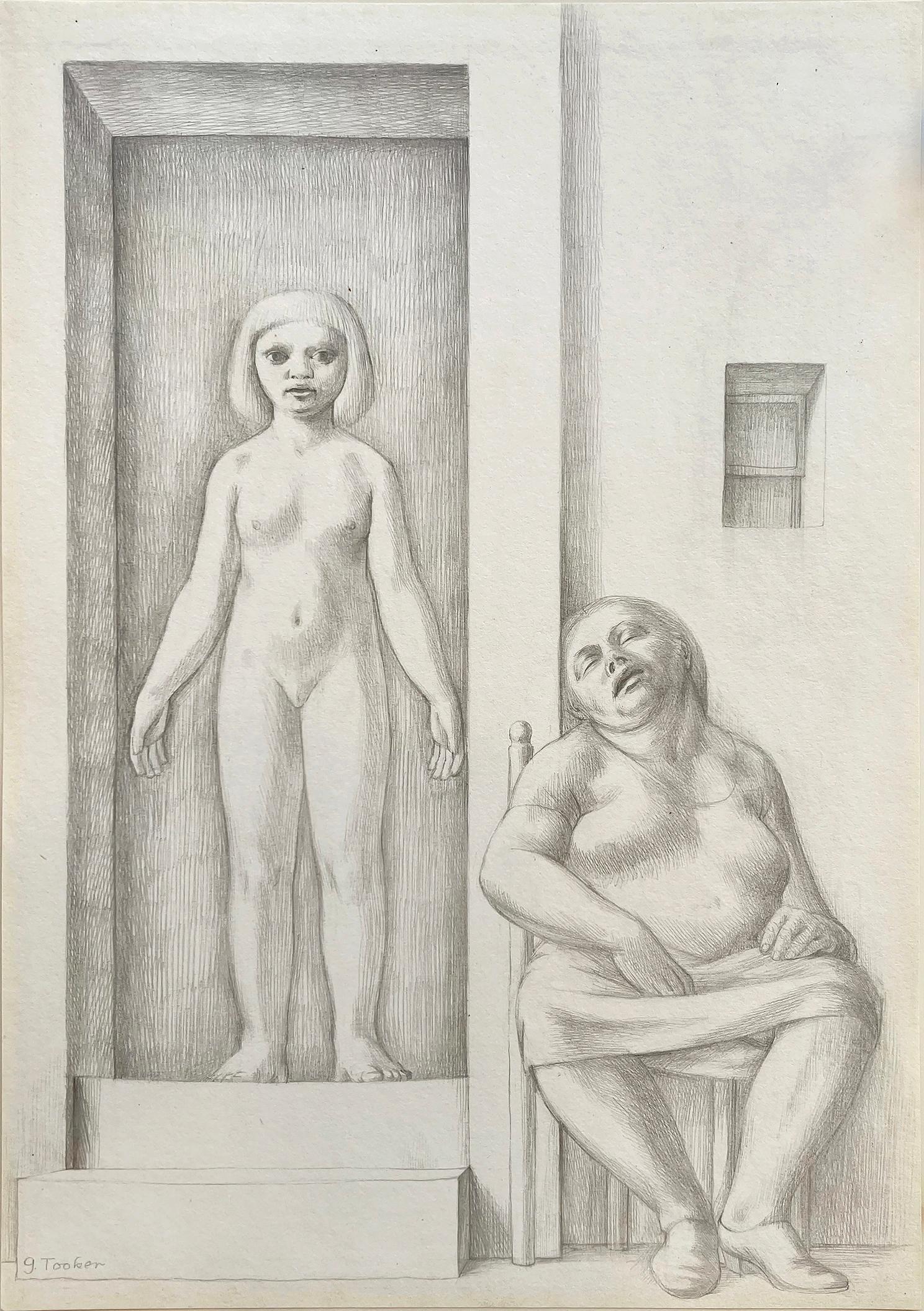 George Tooker Figurative Art – Zwei Frauen, erotische nackte Frau – Lesbian Dream –  Existenzistischer Magischer Realismus 