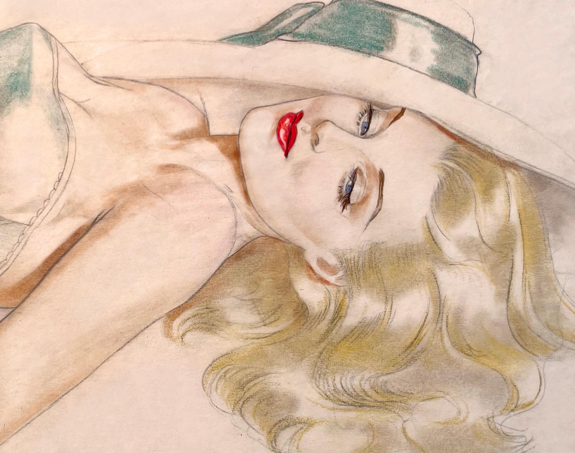 Seductive Platinum Blond Hair and Blue Eyed Pin Up in Turquoise Hat  - Art by Alberto Vargas