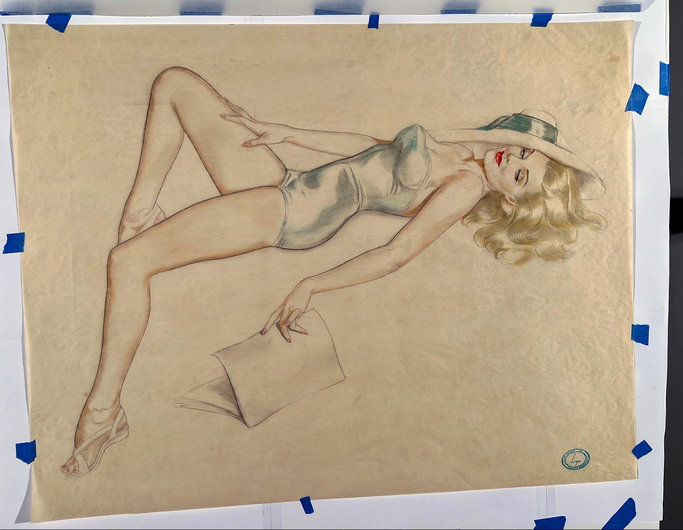 Seductive Platinum Blond Hair and Blue Eyed Pin Up in Turquoise Hat For Sale 3