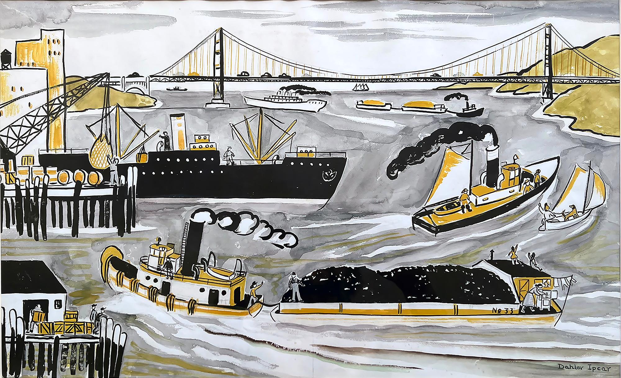 Hafenszene – Goldene Torbogenbrücke, Illustration aus der Mitte des Jahrhunderts, weibliche Illustratorin