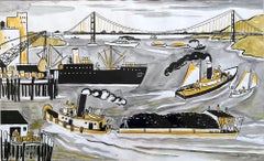 Harbor Scene - Golden Gate Bridge, Mid-Century Illustration, Female Illustrator