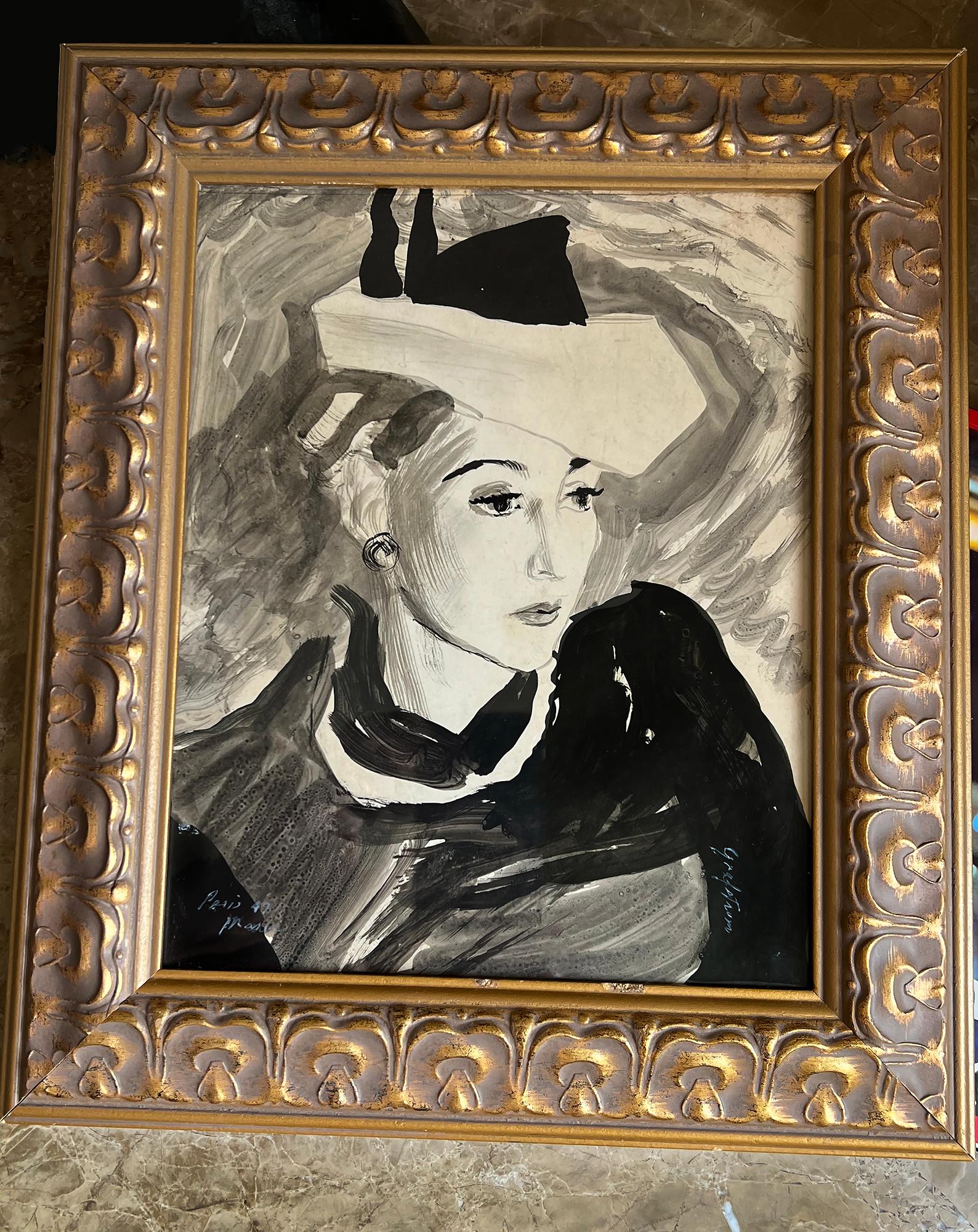 An elegantly rendered mid-century Parisian model with a stylish hat is masterfully rendered by American female illustrator Ruth Sigrid Grafstrom and signed lower right.  Inscribed and dated  Paris  1947 lower left.  Perhaps done for Vogue Magazine?