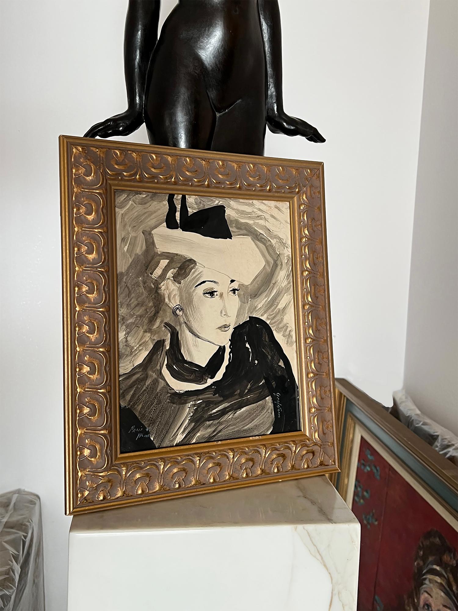 Ein elegantes Pariser Modell mit stilvollem Hut aus der Mitte des Jahrhunderts wurde von der amerikanischen Illustratorin Ruth Sigrid Grafstrom meisterhaft gezeichnet und rechts unten signiert.  Beschriftet und datiert  Paris  1947 unten links. 