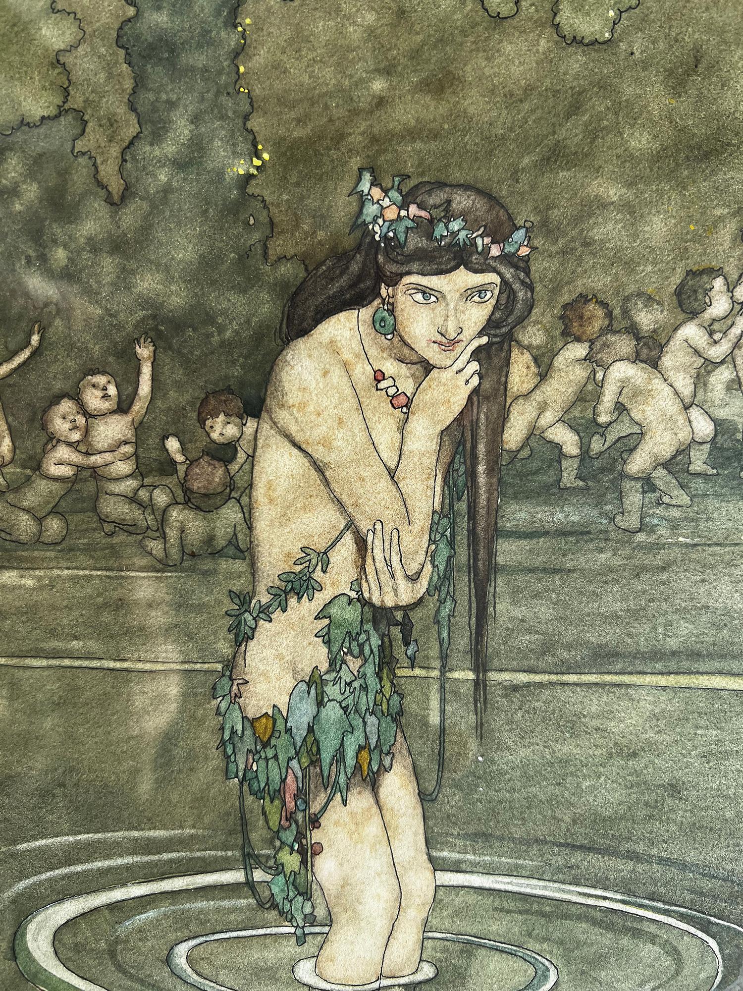 The Kelpie of Snooziepool  - William Heath Robinson illustrated this whimsical fantasy work featuring a semi-nude beauty in a pool of water with children. 
Based on the Metropolitan Museum's work of the same theme - 