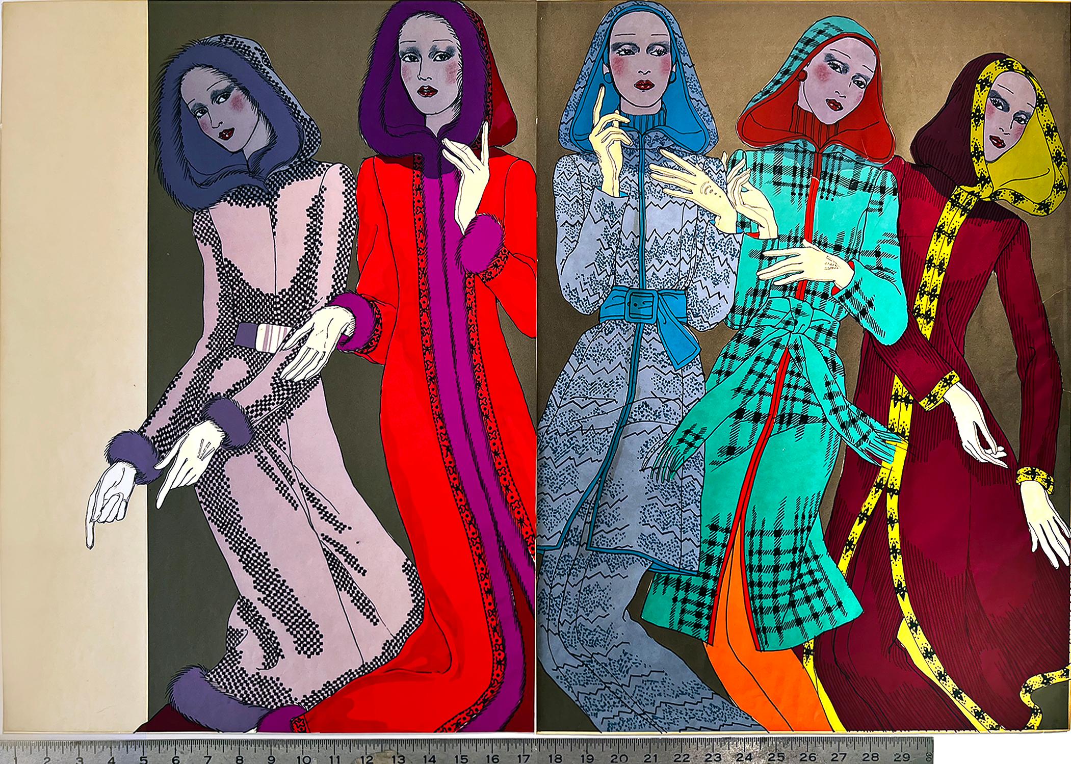 Fünf Modemodelle mit Kapuze mit Kapuze und Kapuze Vogue-Muster 1970er Jahre Mode - Puerto Rican – Art von Antonio Lopez