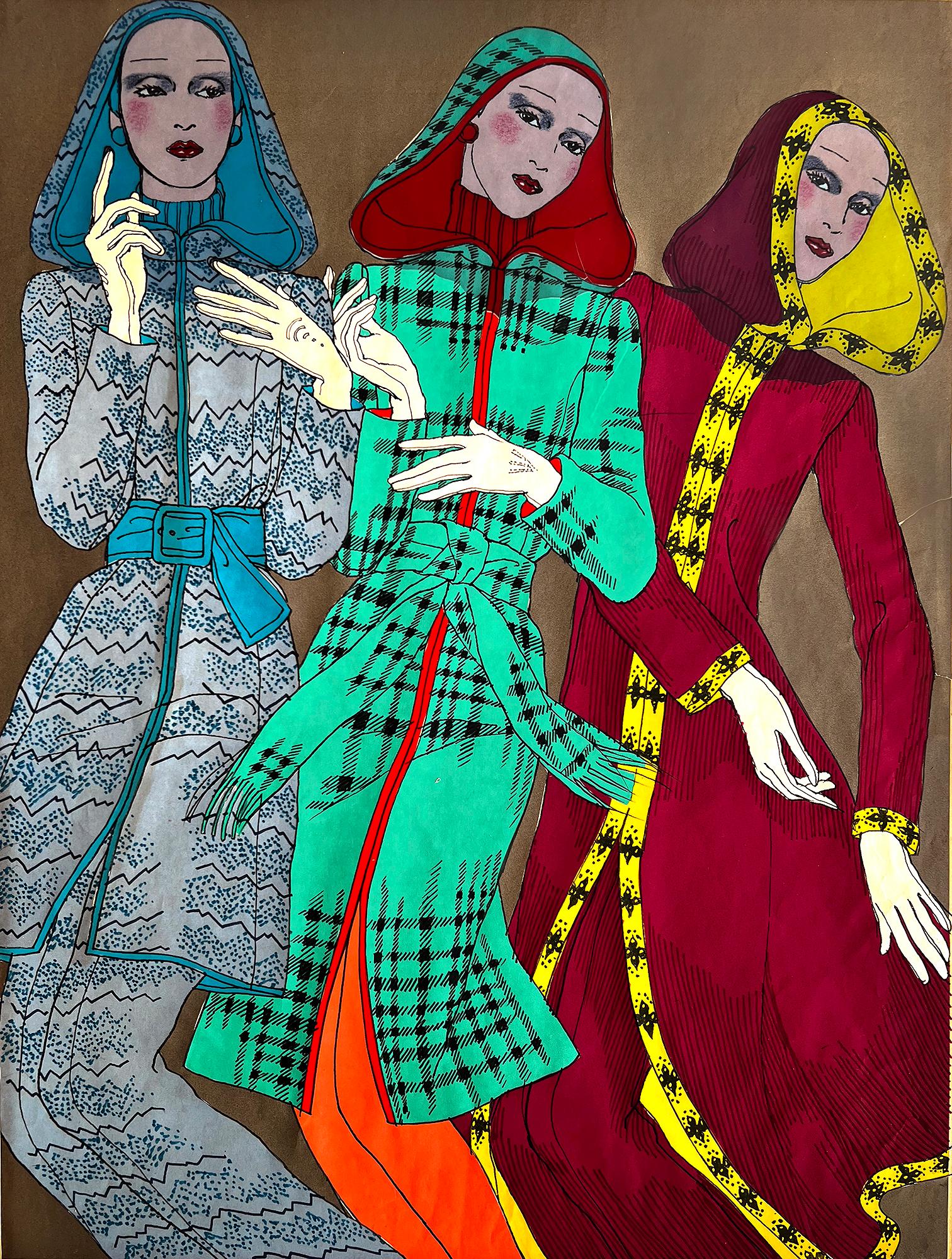 Famed Puerto Rican Fashion Illustrator Antonio Lopez creates an oversized illustration for Vogue Patterns Magazine 1971.  He uses a variety of media which includes watercolor, ink, colored paper and monochromatic acetates. Unsigned. The work comes
