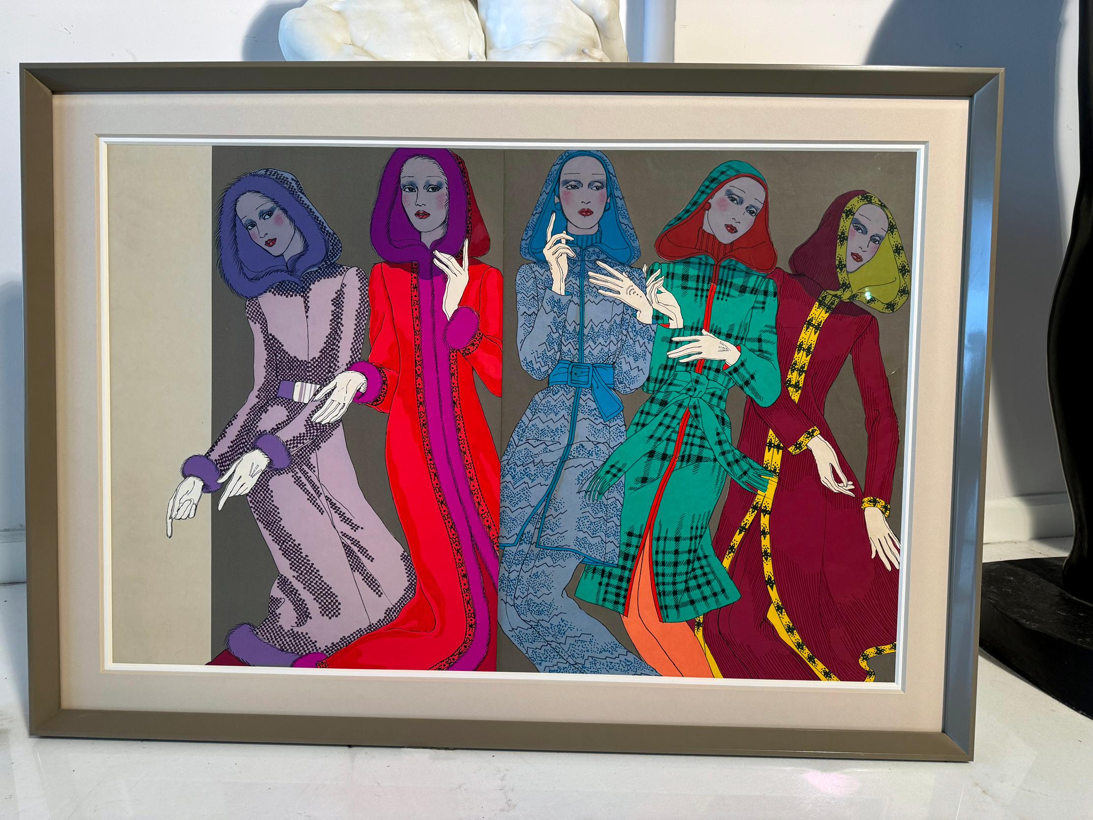 Five Fashion Models Wearing Hoodies Vogue Patterns 1970s Fashion - Puerto Rican - Art by Antonio Lopez