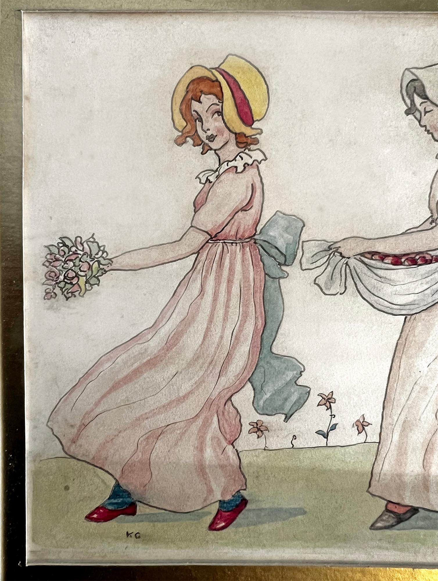 Procession Four girls with flowers - English Female Illustrator - Art by kate Greenaway
