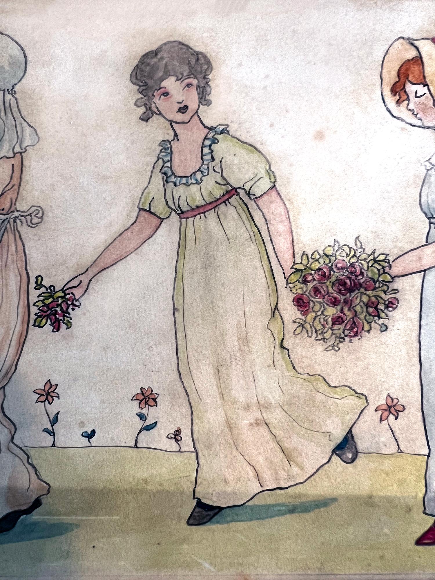 Procession Four girls with flowers - English Female Illustrator - Academic Art by kate Greenaway
