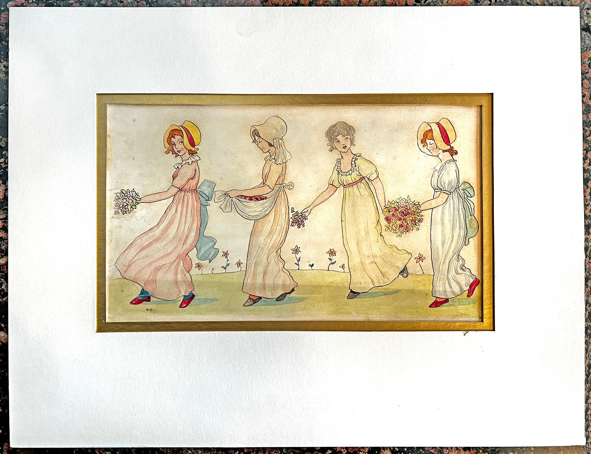 Quatre jeunes filles anglaises portant des fleurs sont représentées en ligne et se déplacent de gauche à droite.  Elles sont poussées vers l'avant sur le plan de l'image comme si elles se trouvaient sur une scène, avec une simple indication de ligne