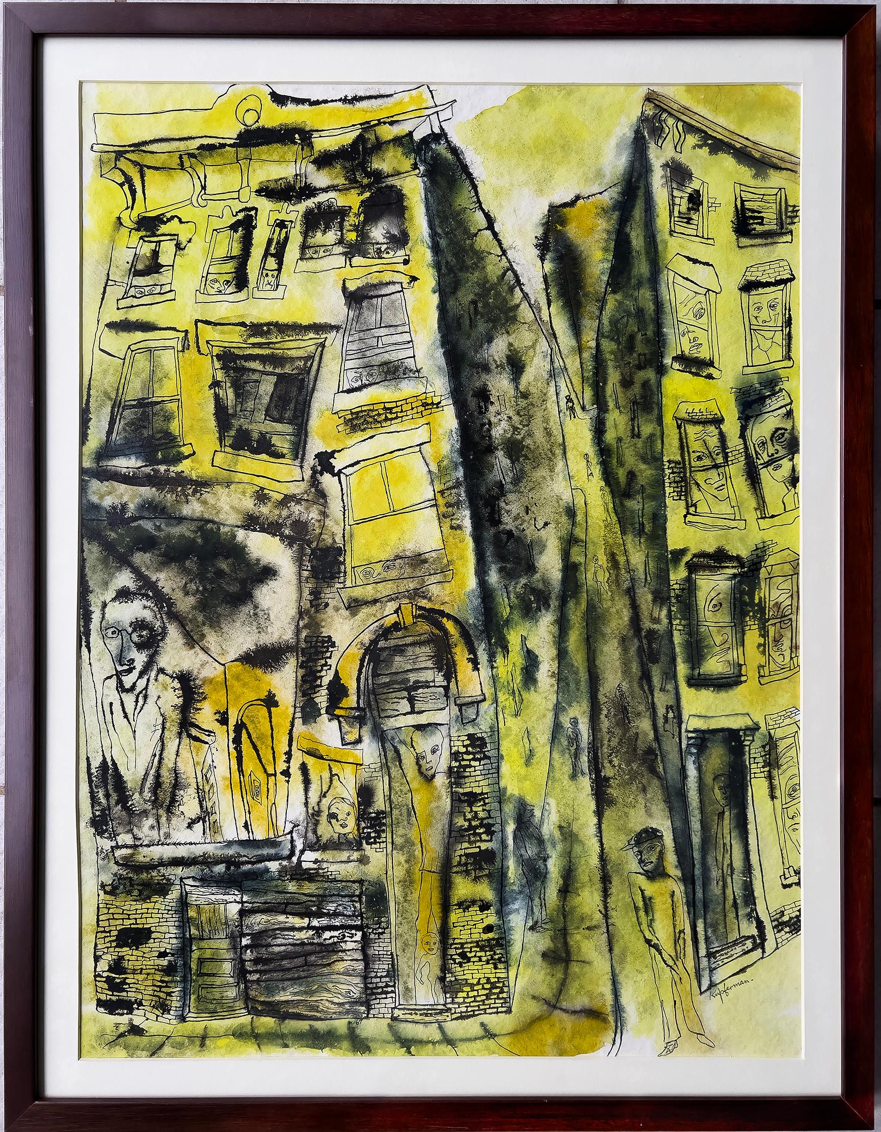 Street Life New York - Haunting Faces Windows  Expressionism Mid-Century - Art by Lawrence Kupferman