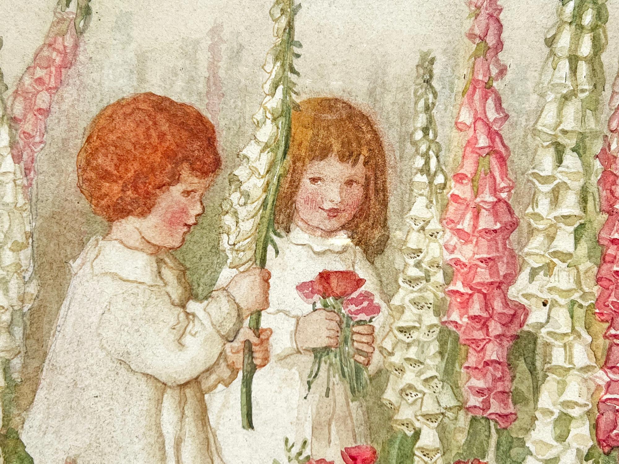 Kinder mit Fuchspelzen - Rosa Blumen, weibliche Illustratorin des Goldenen Zeitalters – Art von Amelia Bauerle  ( Bowerley ) 