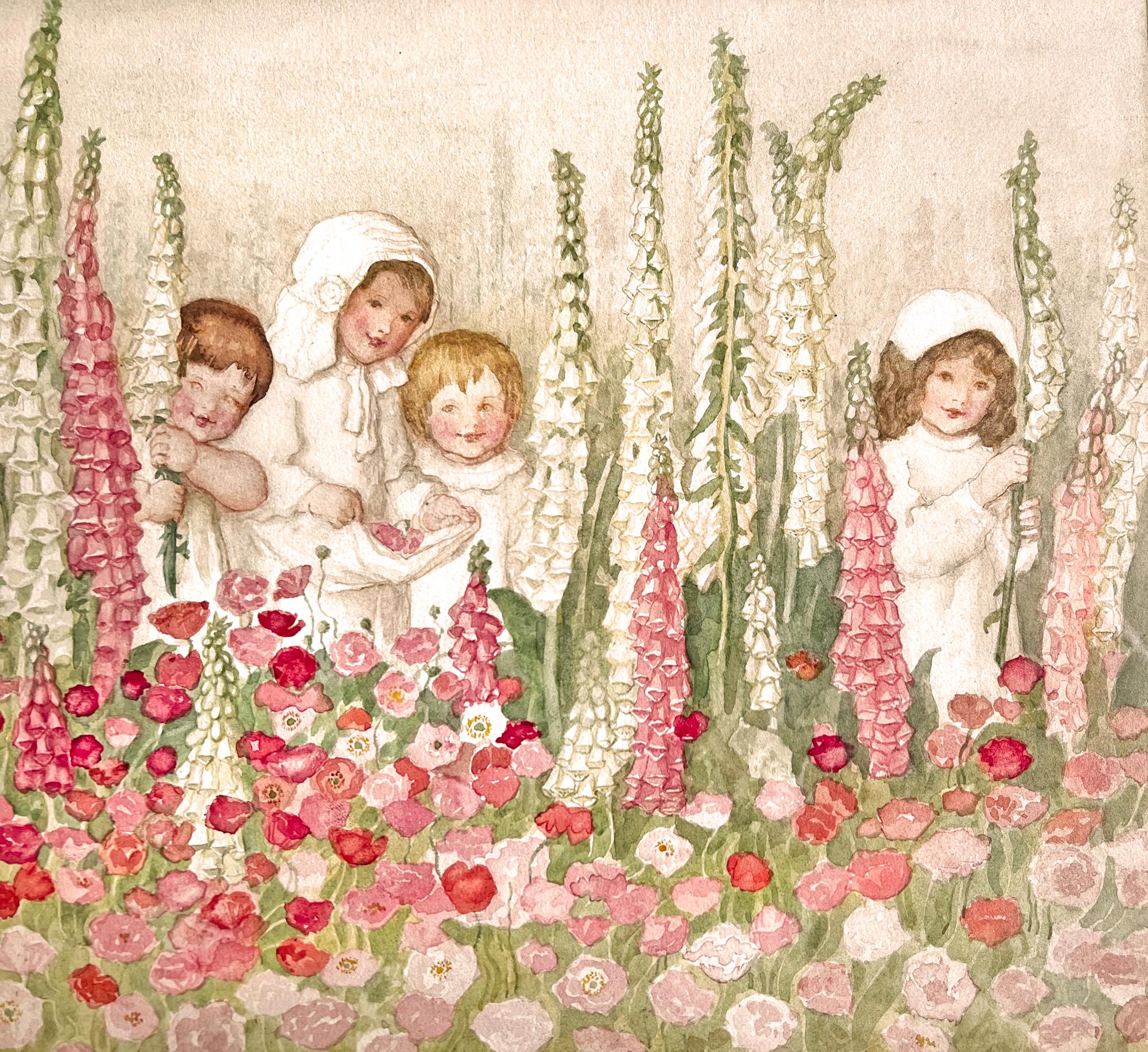 Kinder mit Fuchspelzen - Rosa Blumen, weibliche Illustratorin des Goldenen Zeitalters (Präraphaelismus), Art, von Amelia Bauerle  ( Bowerley ) 