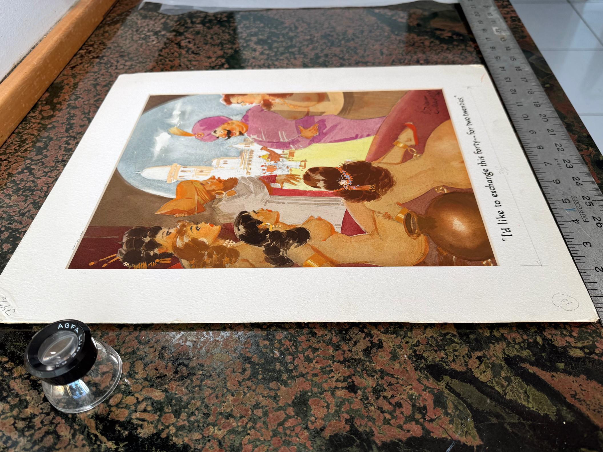 Le magazine Playboy a publié cette illustration en couleur à la page 43 de l'édition d'octobre 1960.
Signé en bas à droite. 
L'œuvre est exécutée sur un carton Whatman Illustration lourd. La légende, 