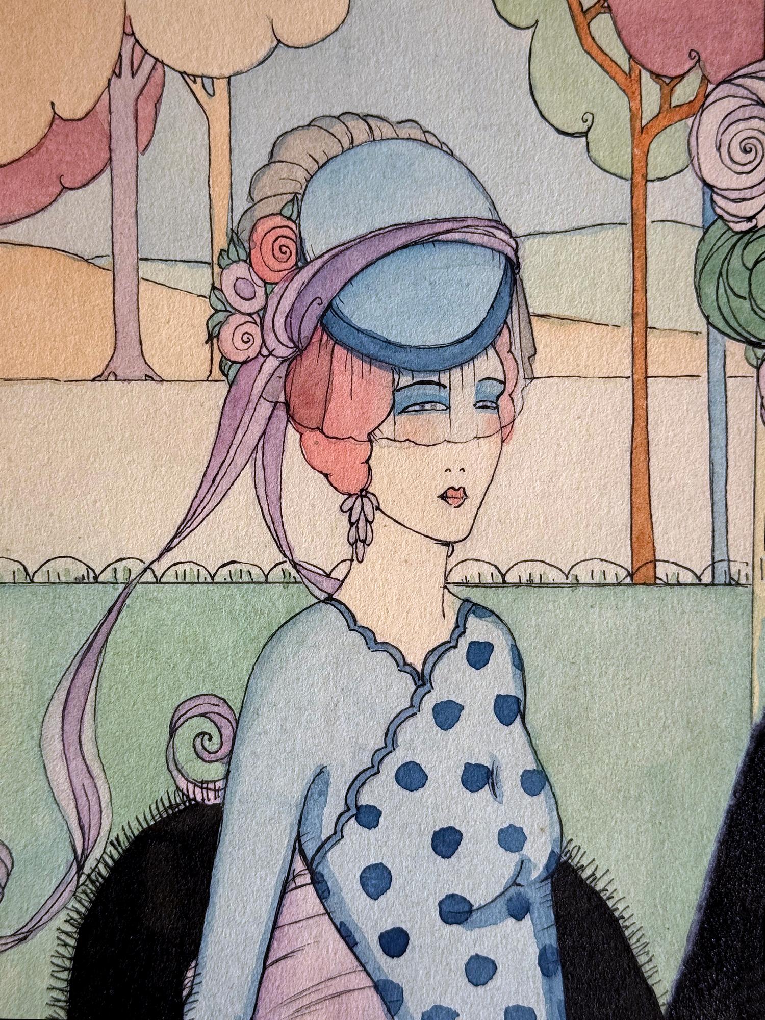 Vogue - Femmes habillées de manière élégante en quête de chapeaux Art Nouveau - Artiste féminine - Beige Figurative Art par Helen Dryden