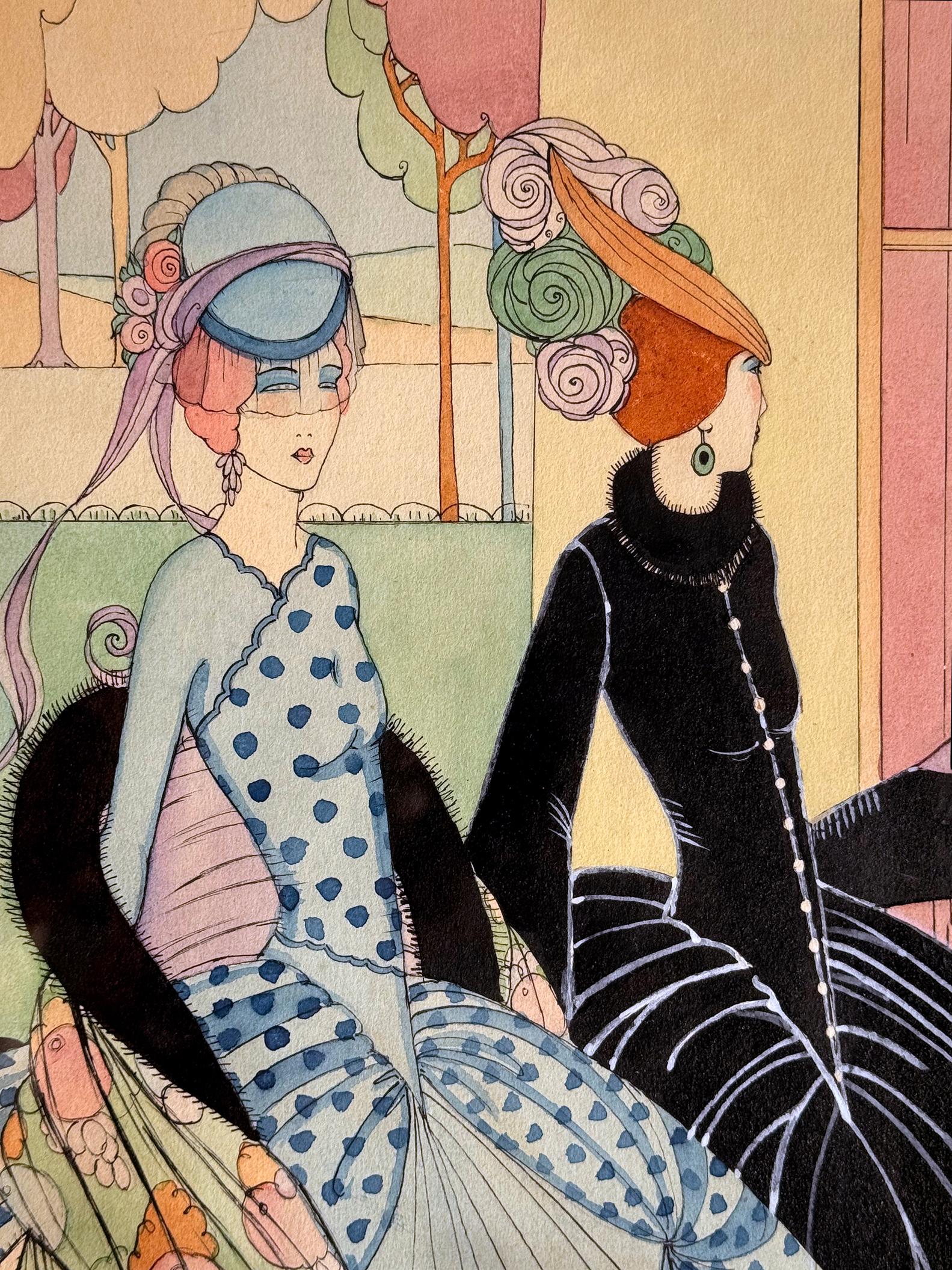 La présente œuvre de l'artiste pionnière Helen Dryden a très probablement fait l'objet d'une couverture pour le magazine Vogue. Il est habilement rendu dans un style art nouveau linéaire et serré, avec une application de couleurs en aplat. Il est